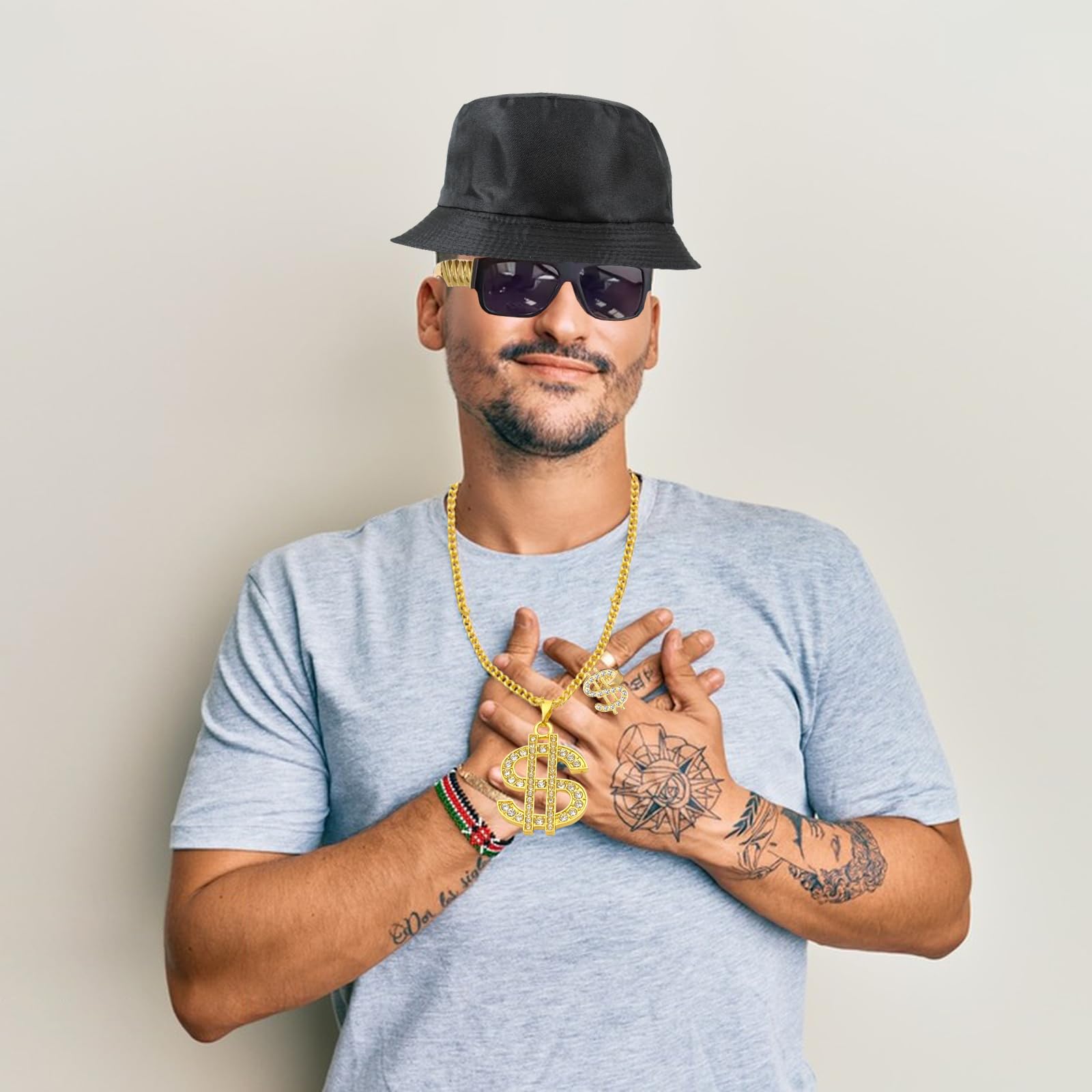 6PCS Hip Hop Costume kit CHUNLINLAODA-80s 90s Hip Hop Fancy Dress Rapper Fancy Dress Accessories with Fake Dollar Sign Necklace Hip Hop Ring Hippie Glasses Bucket Hat for Women Men (Gold) - Image 4