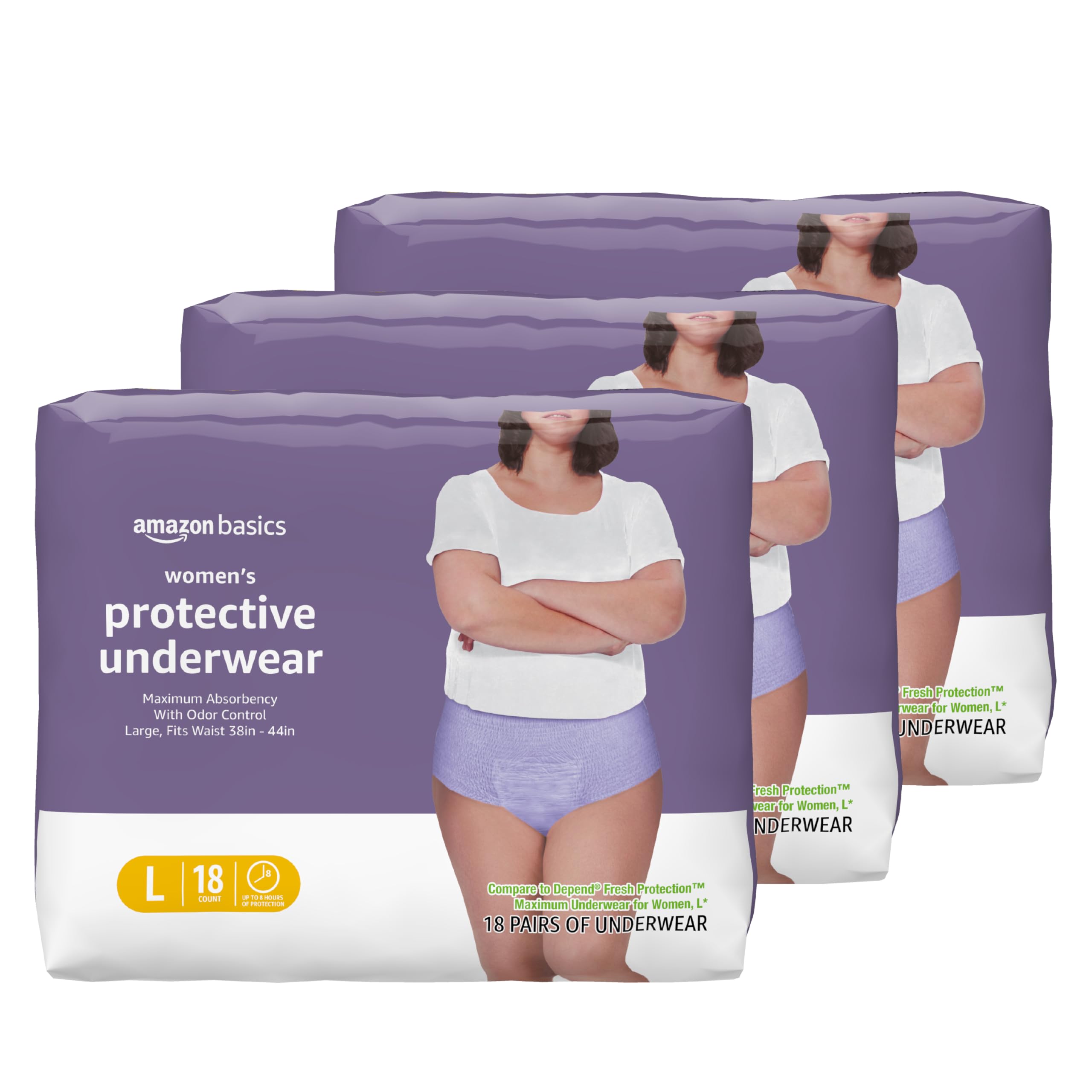 Amazon Basics Incontinence Underwear for Women, Protective, Disposable, Postpartum, Maximum Absorbency, Large, Lavender, 54 Count (3 Packs of 18)