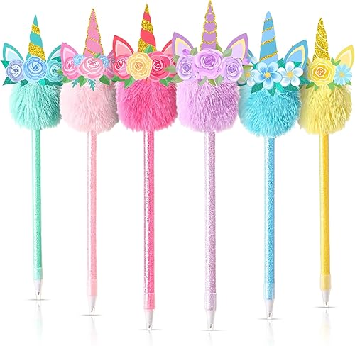 Cholemy 24 bolígrafos de unicornio para recuerdos de fiesta, bolígrafos esponjosos de unicornio a granel, arcoíris, unicornio, pompones, bolígrafos