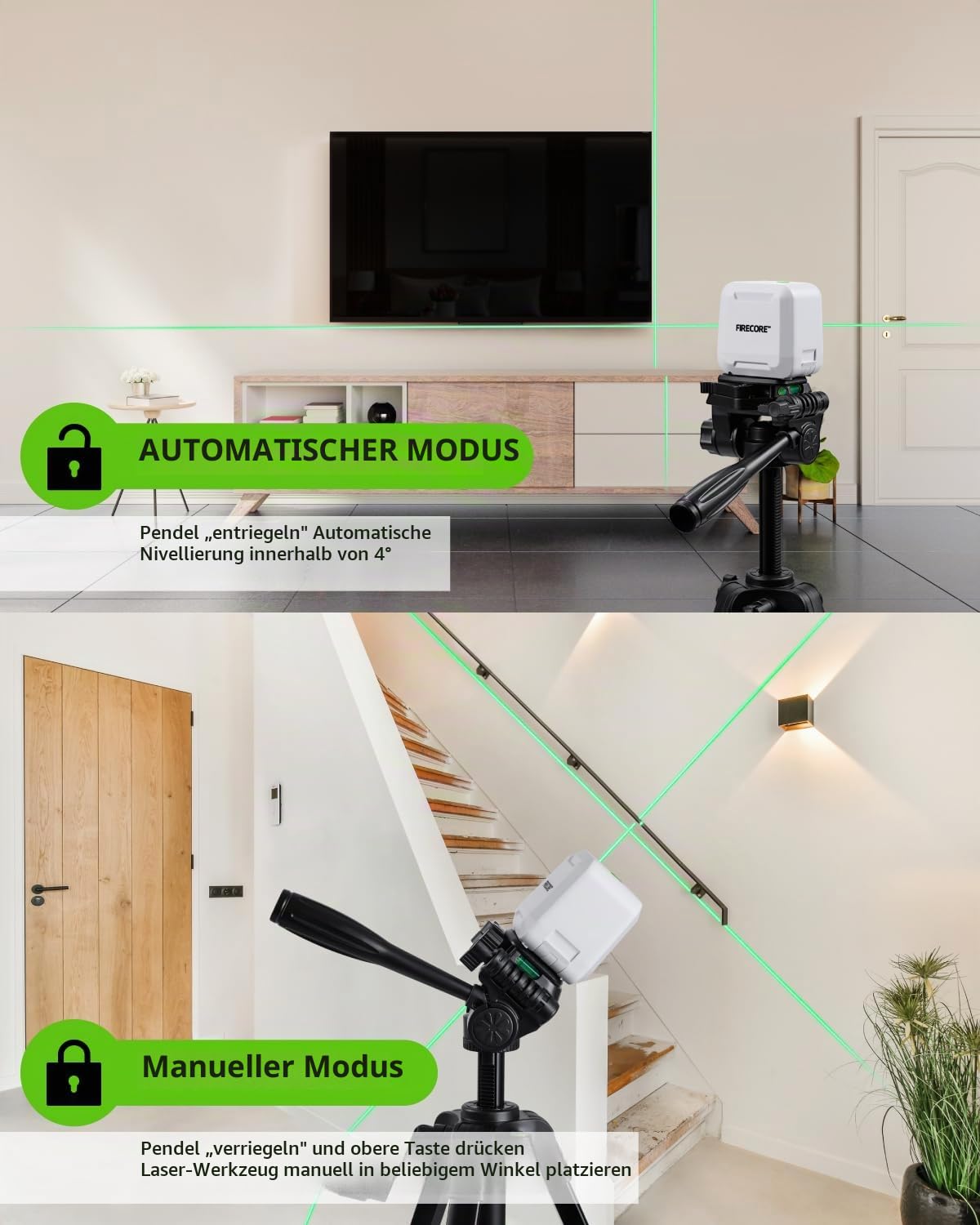 Firecore Kreuzlinienlaser mit Stativ, Laser Wasserwaage mit Stativ 65CM, grüner selbstnivellierendes Linienlaser zum Aufhängen von Bildern, Fliesen, Bauprojekten, Batterie und Tragetasche inklusive