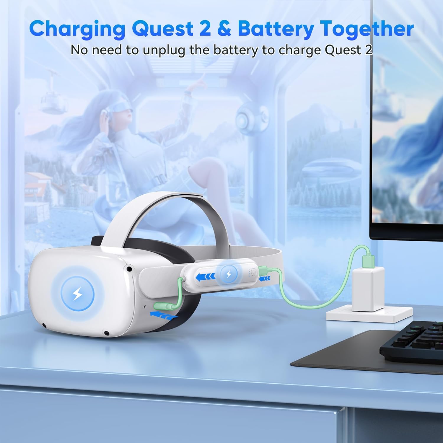 Kinwin 1Pack 20000mWh Fast Battery Pack for Meta/Oculus Quest 2, 4-in-1 Gorilla Tag Long Arms for Quest 3S/3/2/Pro/Rift S Controller