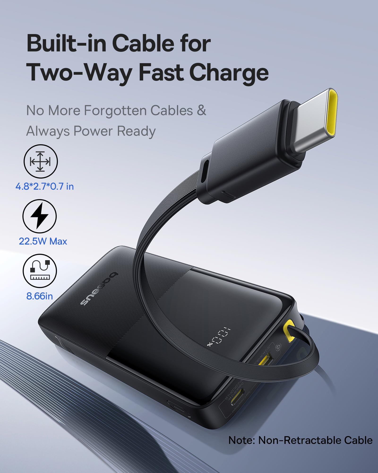 Close-up of the Baseus 10000mAh power bank highlighting its compact form factor and integrated USB-C cable.