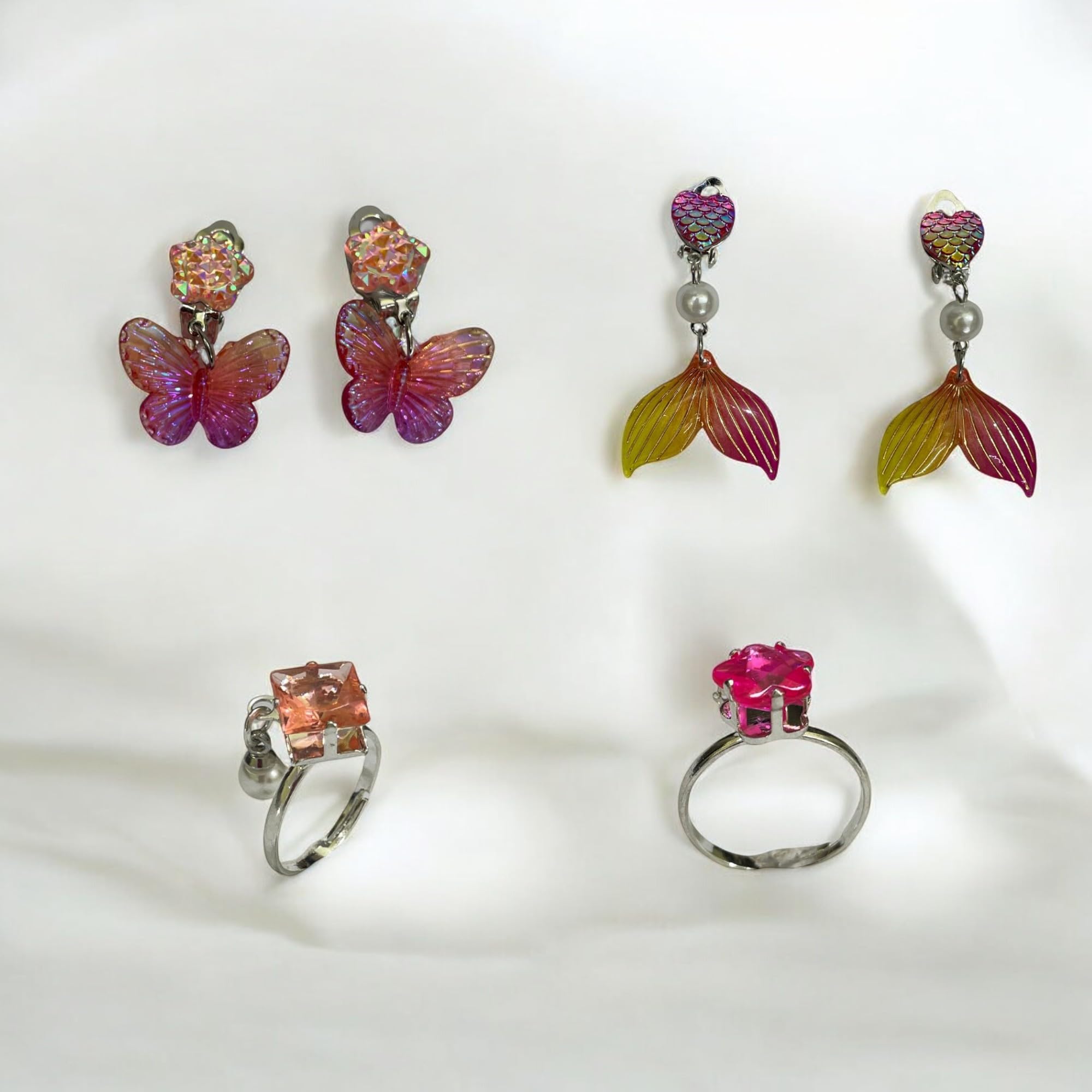 OMID, Girls Fashion Earrings & Rings Set of 4Pc Cute Mermaid & Butterfly Design Jewelry in Heart Gift Box | Pretend Play, Dress-Up & Party Favors for Kids (Multicolor) 2
