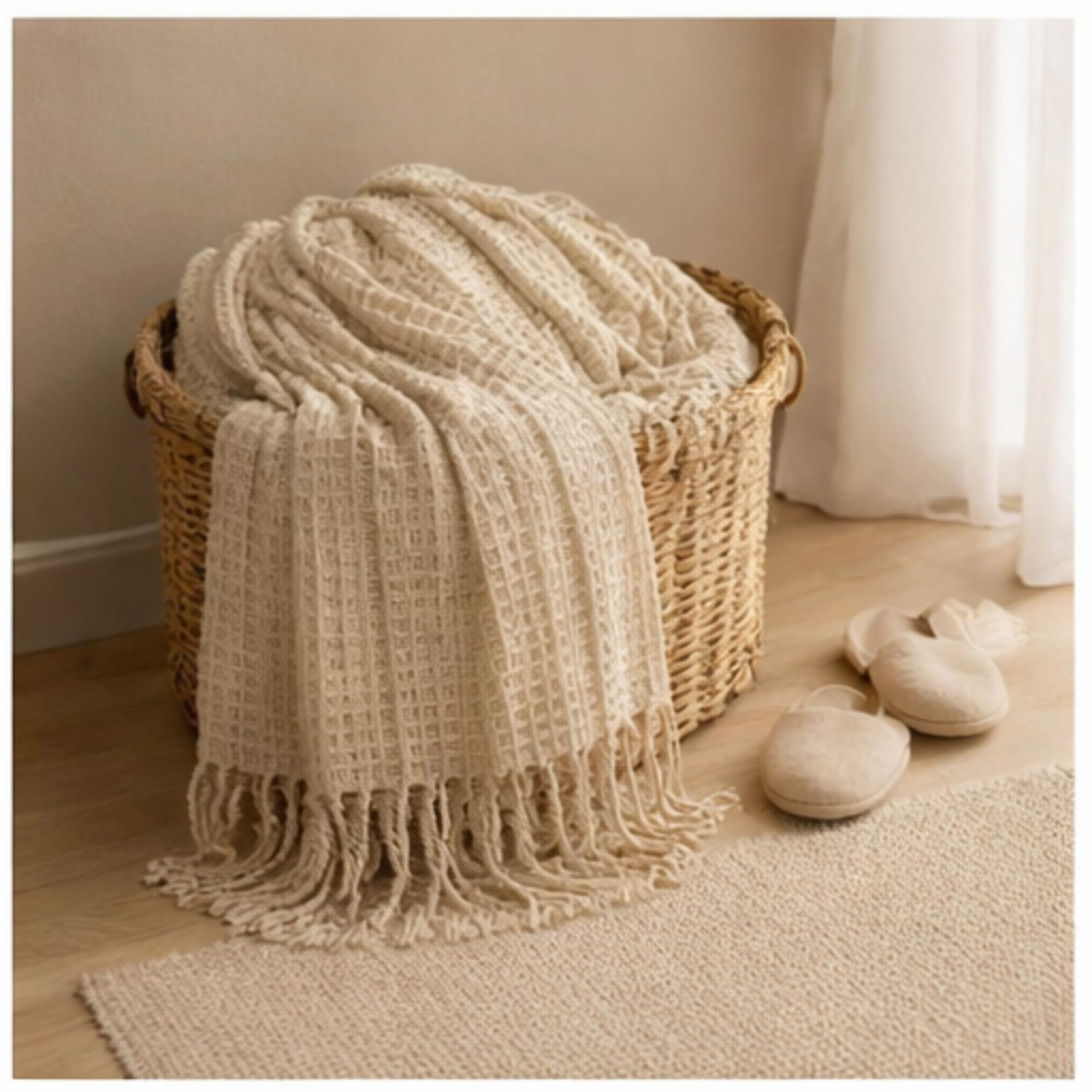 tarantaran soft lightweight knitted throw blanket for couch, cozy sofa throw with tassels for all season, beige