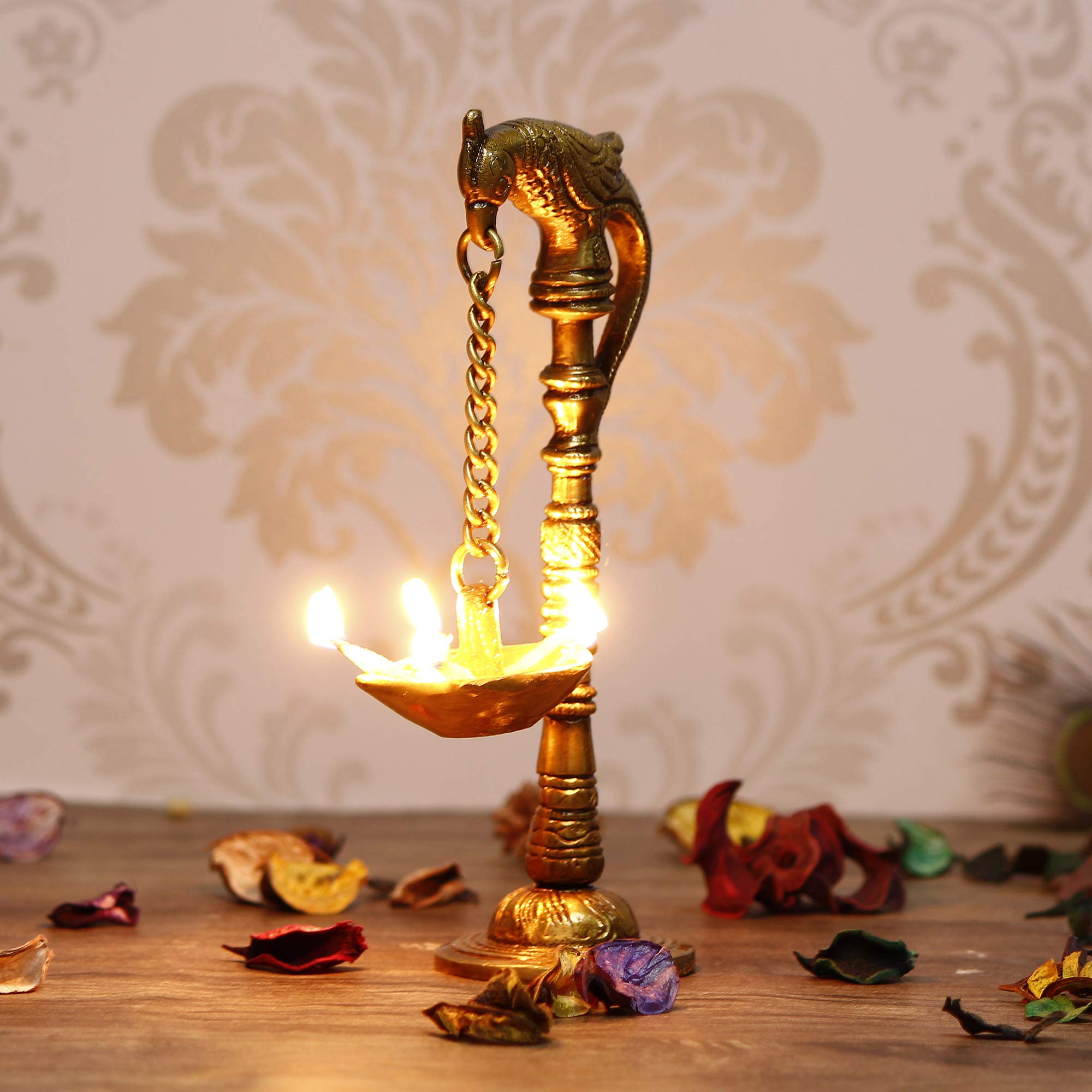 eCraftIndia Decorative Handcrafted Brass Parrot Showpiece Diya for 5 Wicks with Stand