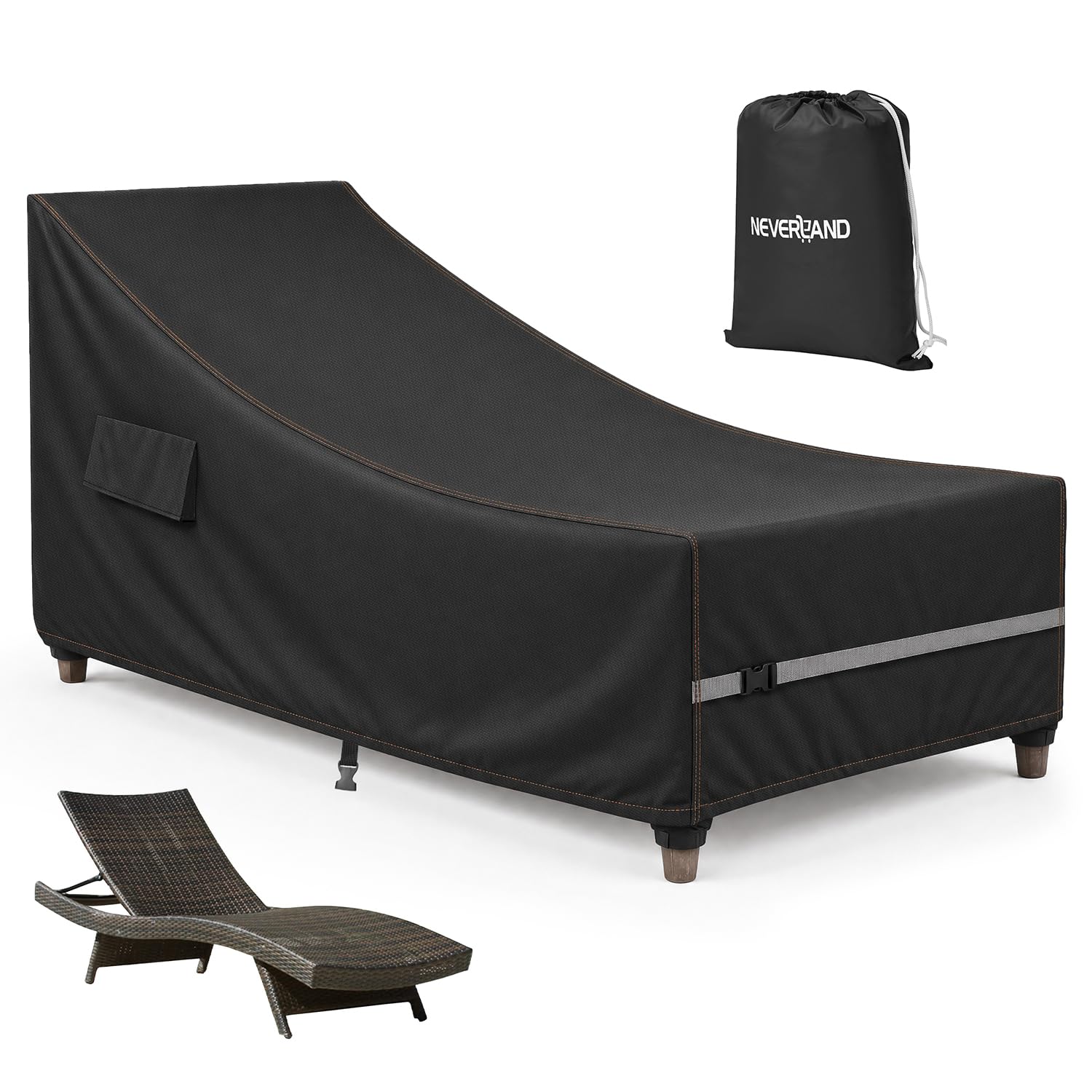 NEVERLAND Windproof Sun Lounger Cover, 420D Oxford Fabric Waterproof Sunbed Cover, with Front & Rear Straps, Bottom Straps & Vents, 210x75x40/80cm