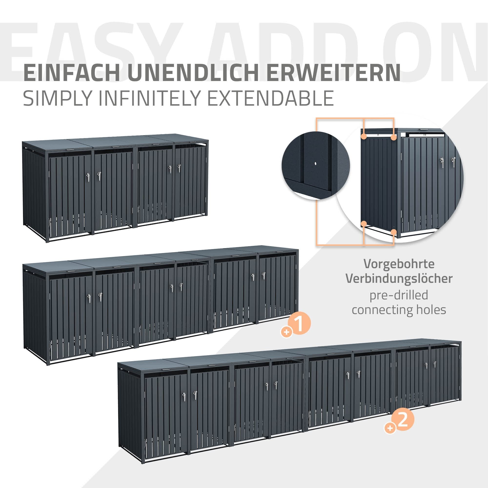 ML-Design Box pour 4 Poubelles, 240L, 264x80x116,3 cm, en Acier, Anthracite, Résistant aux Intempéries, Habillage de Poubelle avec Couvercle Rabattable/4 Portes, Conteneur Abri Hangar Cache-Poubelle