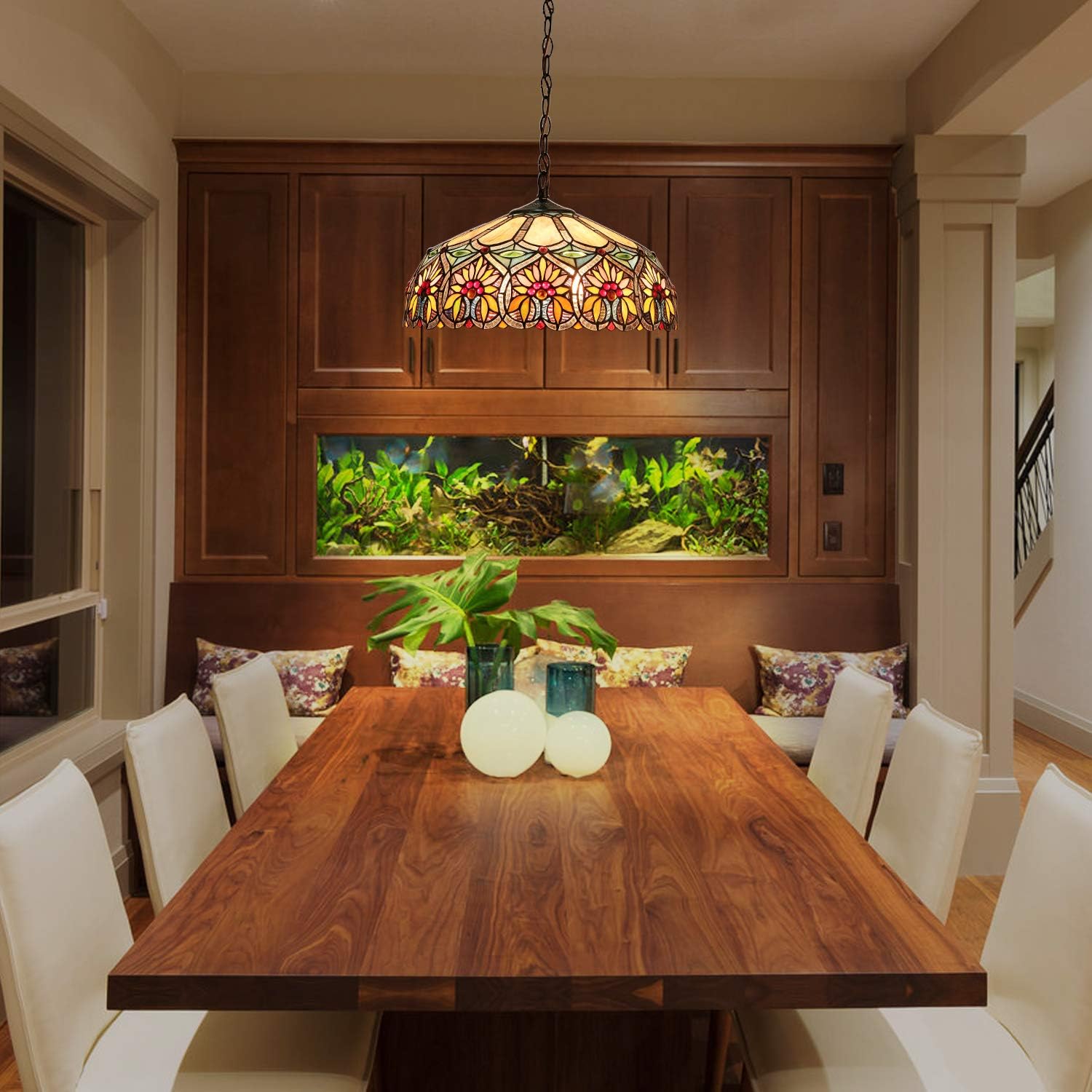 Capulina Tiffany Lamp Stained Glass Pendant Light 2-Light 16 Inches Wide Sunflower Pattern Tiffany Hanging Lamp for Dining Room Kitchen Island Home Office