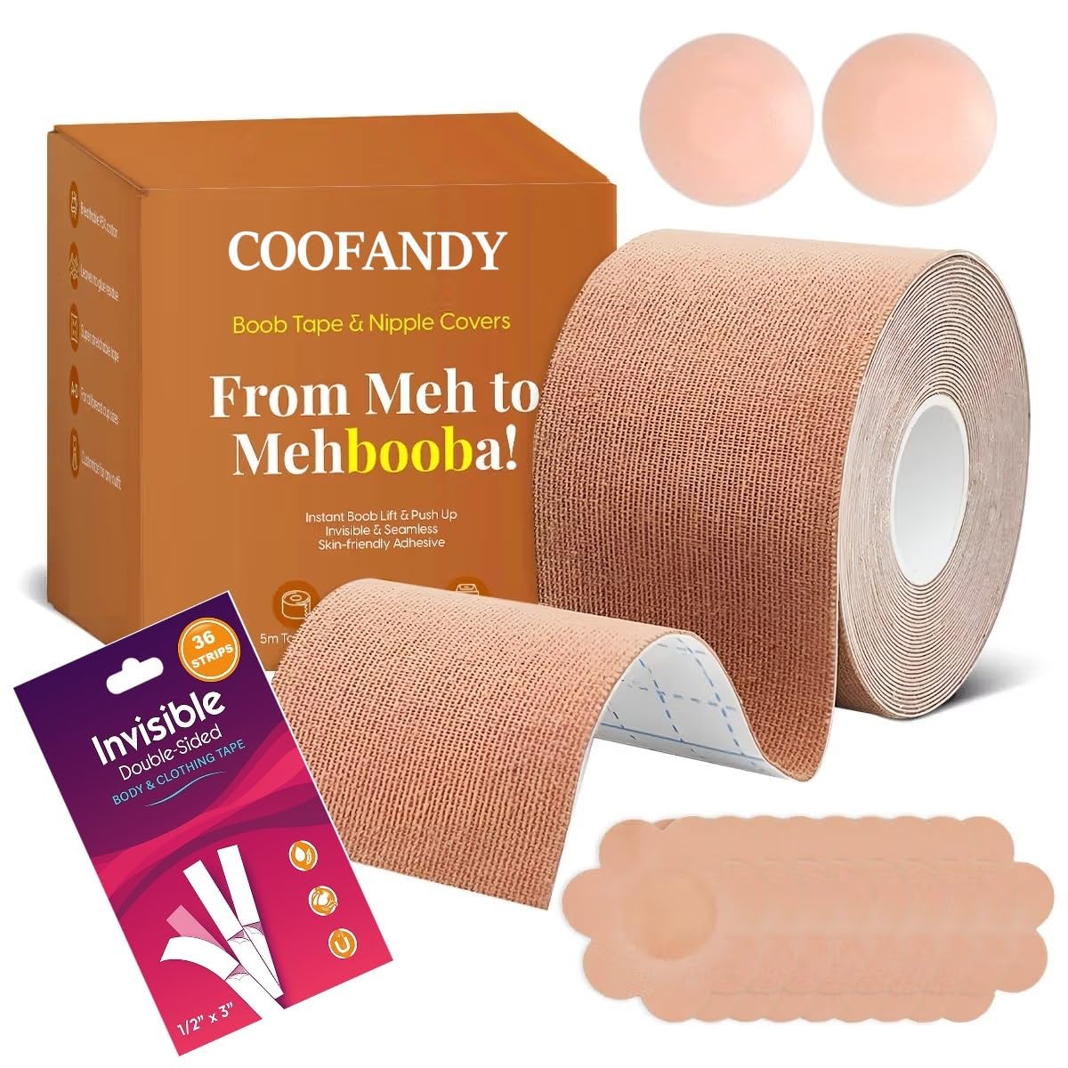Breast Lift Tape with 1 Pair Silicone Nipple Covers for Women| 36 Strips Fabric Tape| Invisible Body Tape for Backless Dresses, Waterproof & Skin-Friendly Breast Support Tape for A-E Cup