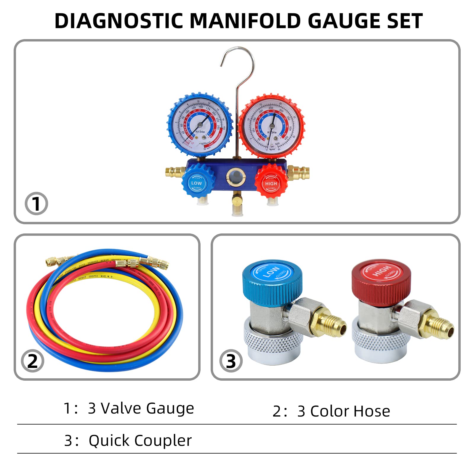 CCLIFE R134a Set Manometro Condizionatori. Manifold Gauge Set per Collettore A/C con 1.5m Tubi per Auto Strumenti Diagnostici Aria Condizionata Sistemi R12 R22
