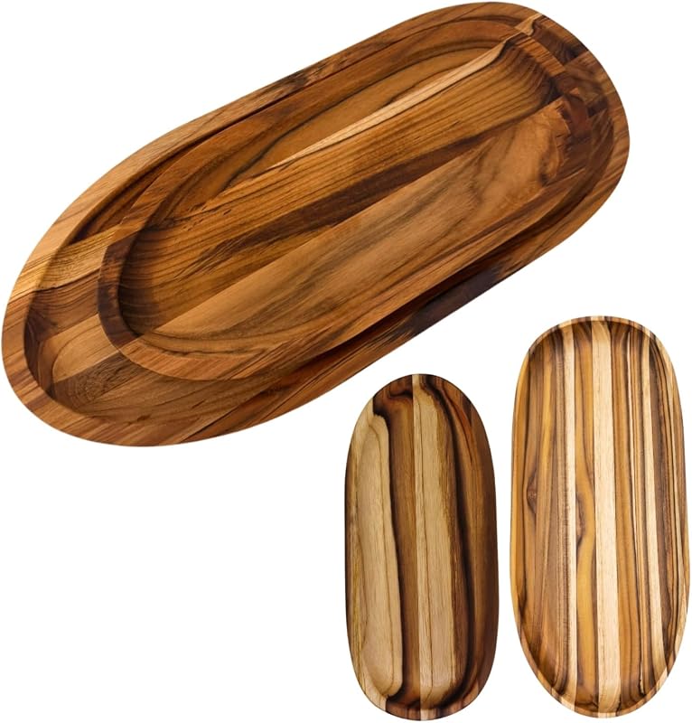 Kit 2 Bandejas alongadas de Madeira Teca para Servir Petiscos Churrasco Mesa Posta Utensílios Cozinha Organização 15x35cm e 19x45cm Acabamento em Óleo Mineral Qualidade Premium - Inovando o Lar