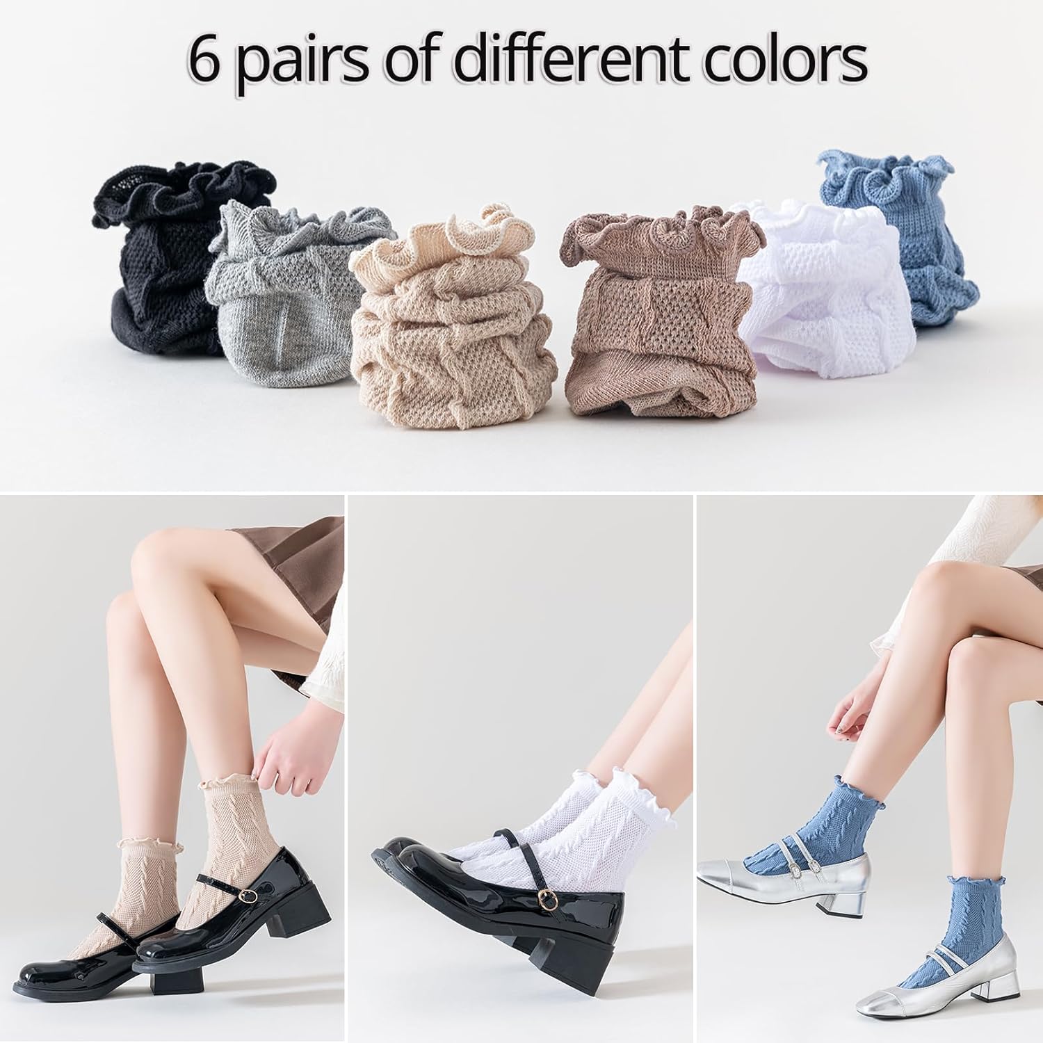 Mcool Mary Womens Thin Socks Breathable Mesh Ruffle Casual Cotton Frilly Cute Knit Lettuce Ankle Socks 6 Pack - Image 5