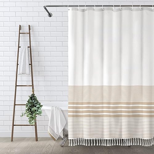 Miniatura 1 de Awellife Cortina de ducha boho beige para baño, cortina de ducha de lino natural a rayas con borlas, 72 x 72 pulgadas