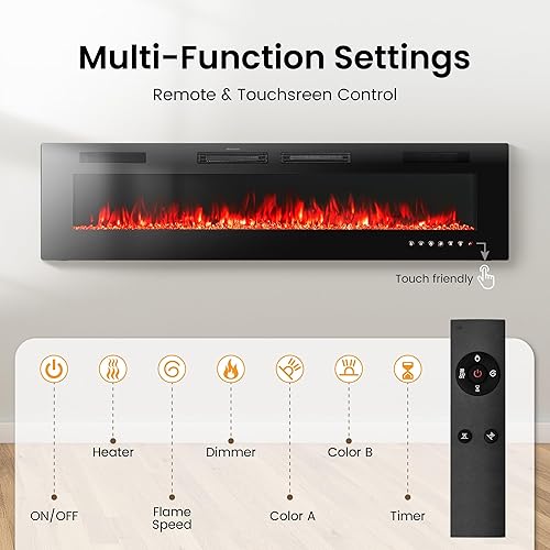 Miniatura 6 de PHI VILLA Chimenea eléctrica de 72 pulgadas montada en la pared y empotrada, calentador eléctrico de 3.19 pulgadas con control remoto y pantalla