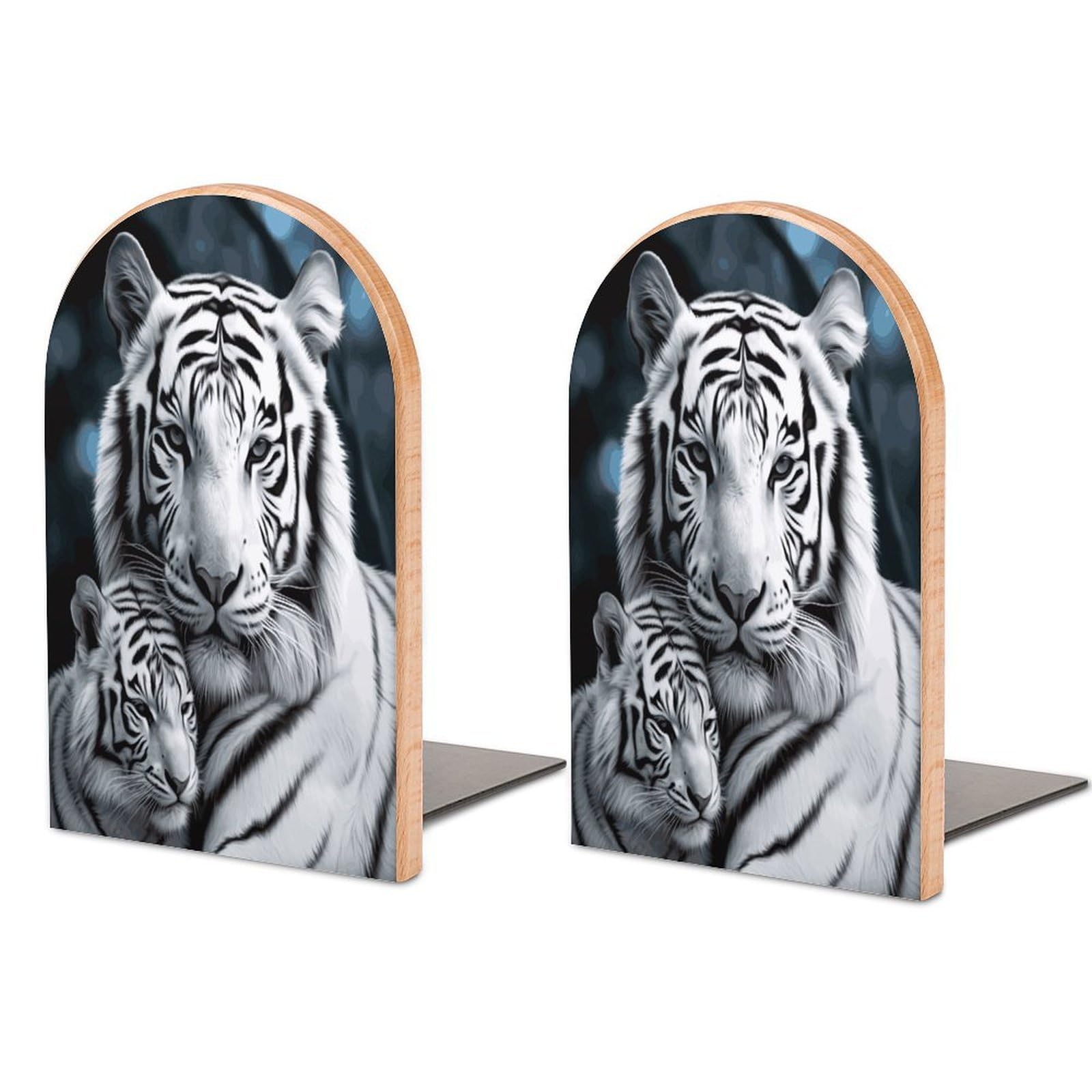 White Tiger Bookend for Shelves Fashion Modern Wood Book End with Non-Slip Metal Base Universal Economy Bookend Book Organizer for Home Office Desk Accessories 1 Pair