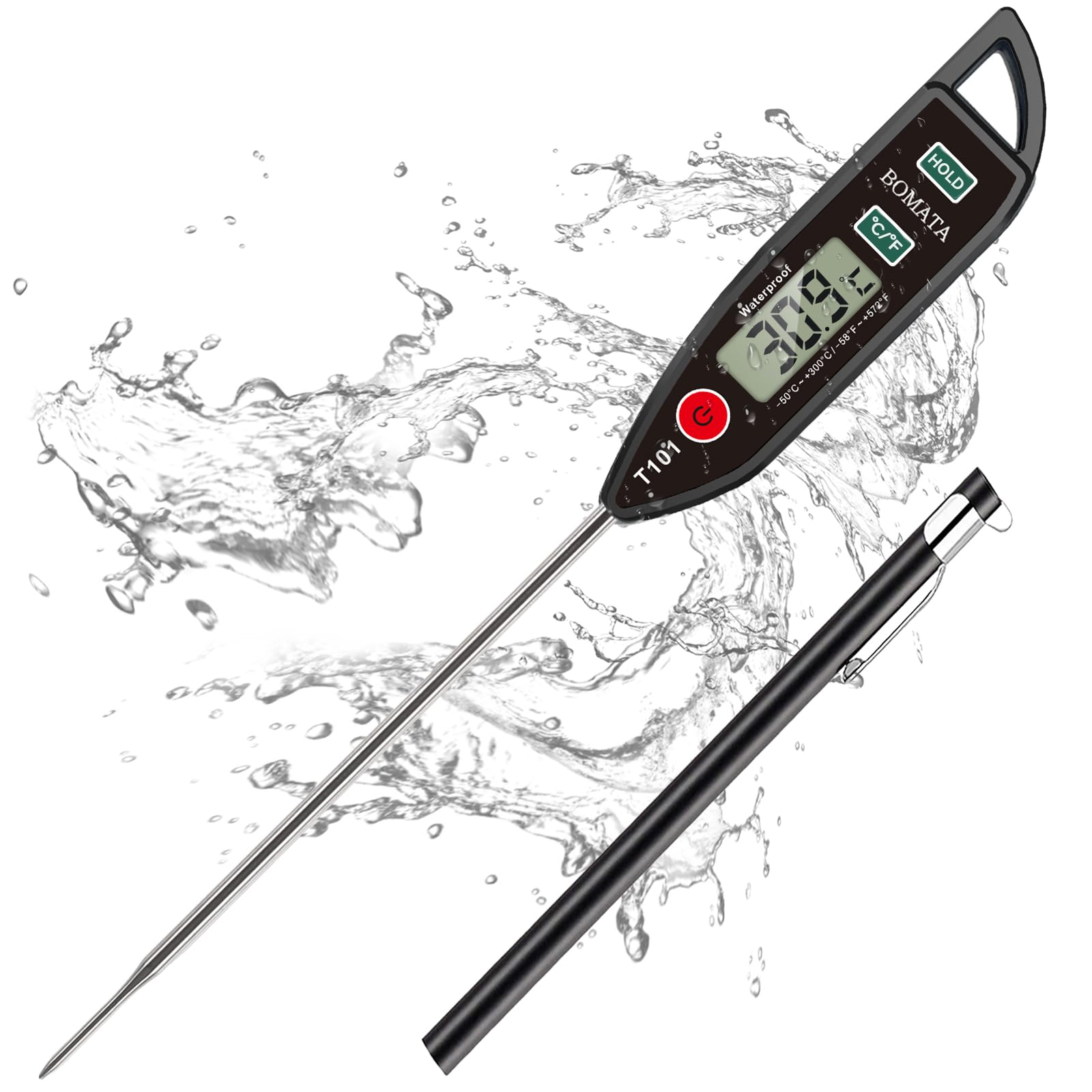 BOMATA Thermomètre étanche IPX7 T101 Noir, sonde longue lecture instantanée