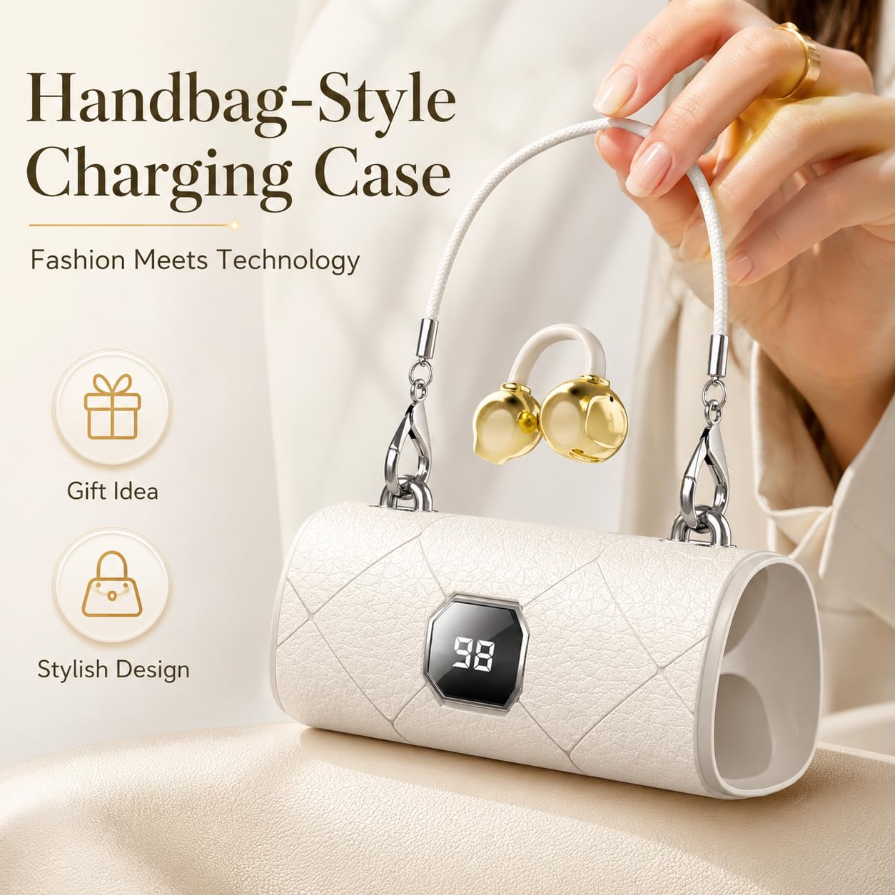 Auricolari wireless intelligenti con vano batteria a mano, Bluetooth 6.0, cuffie aperte con microfono integrato, design con ganci sopra l'orecchio, compatibili con iOS e Android (bianco)