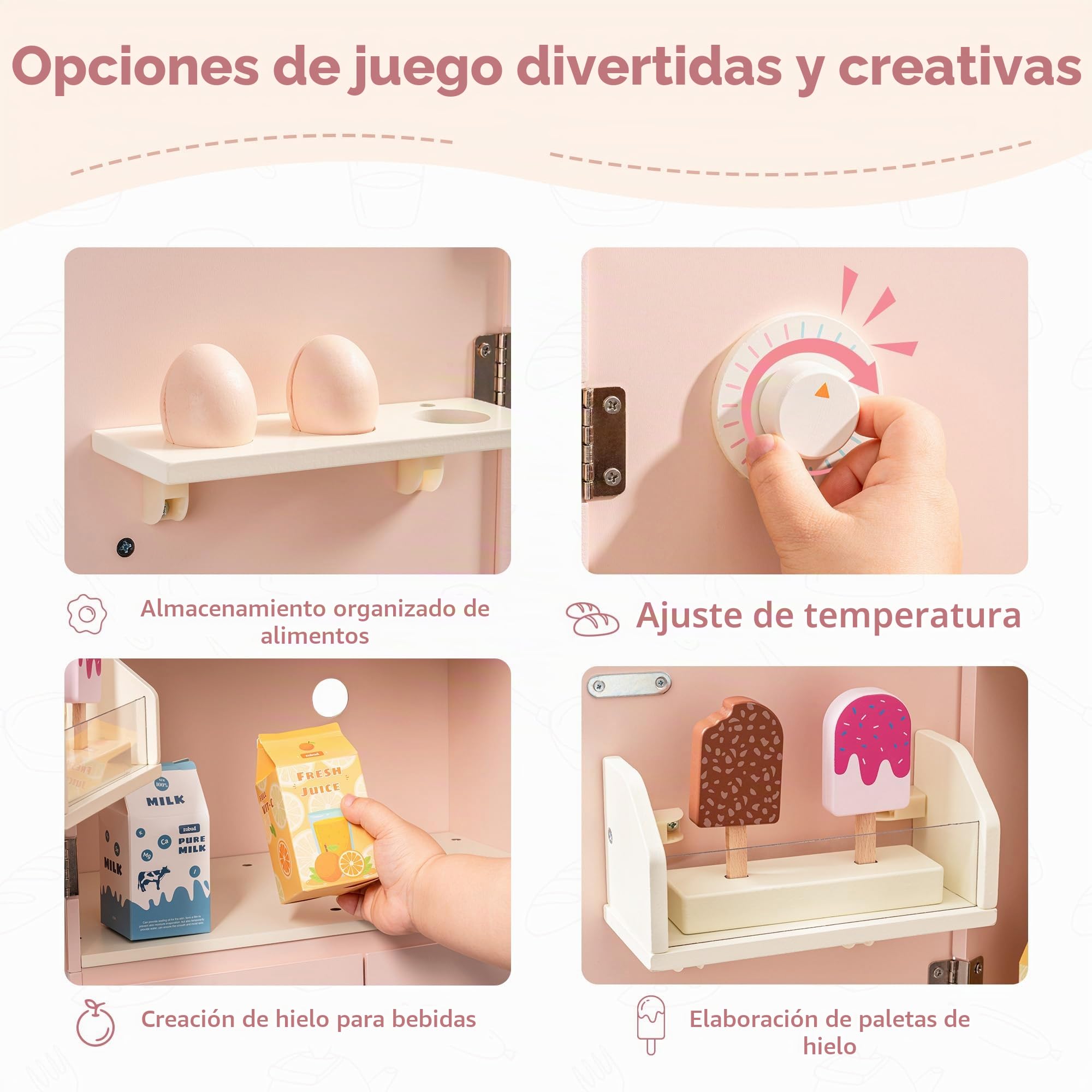 ROBUD Frigorífico de Madera - Realista e Interactivo con máquina de Hielo y Juguetes alimenticios - Apto para niños a Partir de 3 años - Rosa