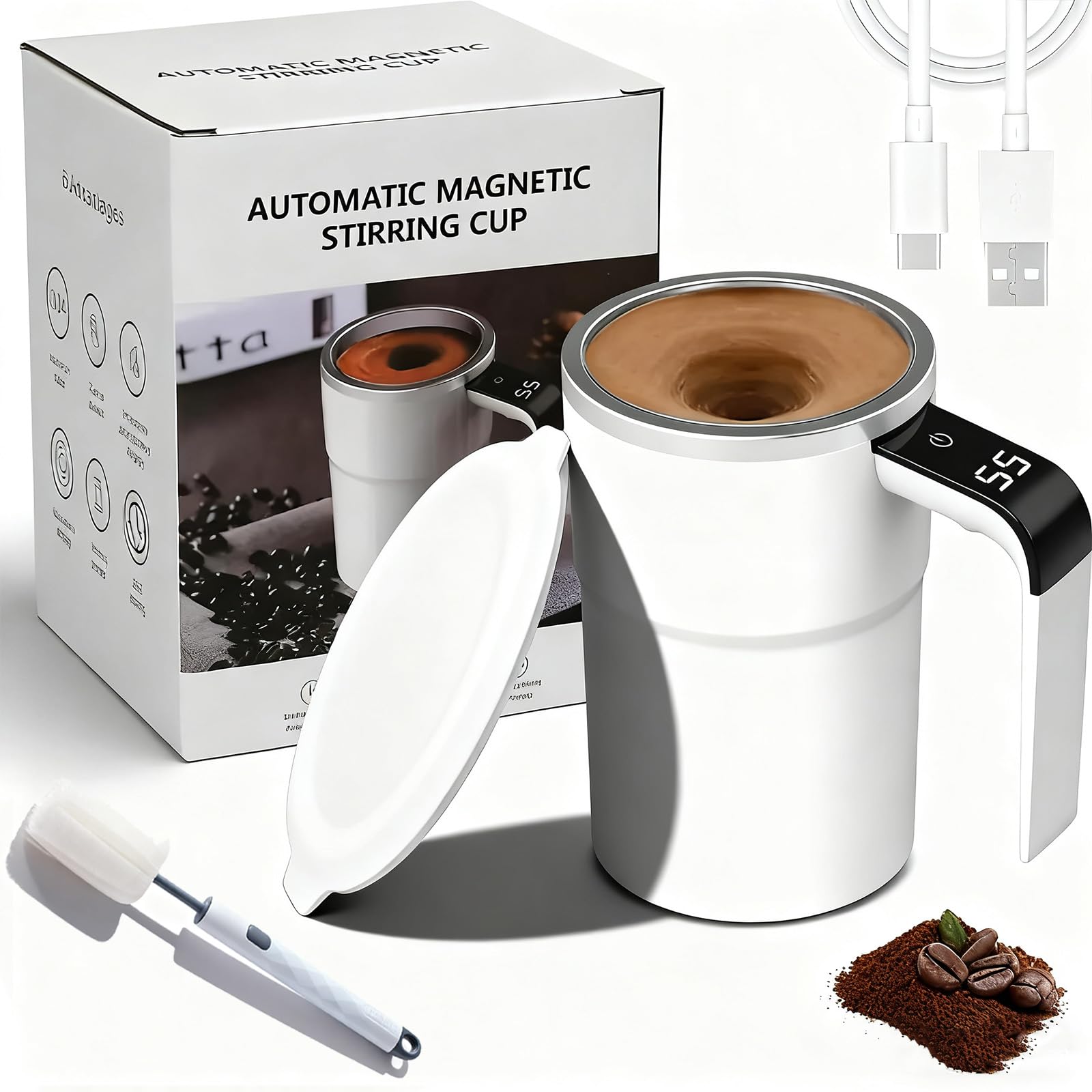 SpinBrew Mug – Automatic Stirring Magnetic Coffee Cup with Temp Display, Electric Stainless Steel Self Mixing Coffee Tumbler, Rotating Home Office Travel Mixing Cup, for Coffee, Milk, Cocoa (White)