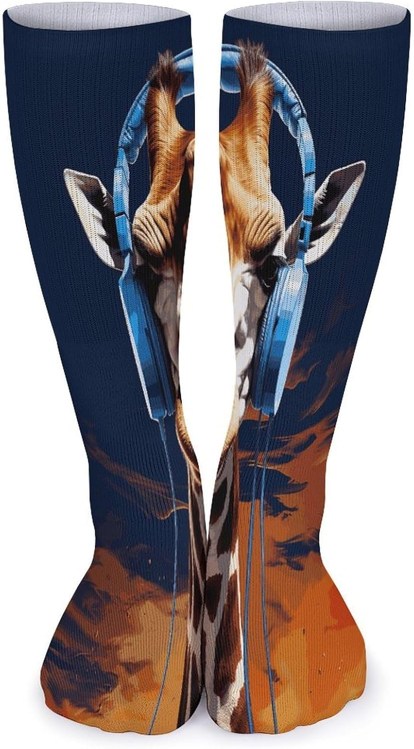 Giraffe Wearing Headphones Stocking - Cute Casual Long Athletic,Crew Sock for Men Women,Running Socks Soft Breathable for Gift