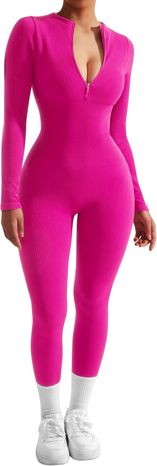 SUUKSESS Women Long Sleeve Ribbed Jumpsuit Zip up Front Workout Bodycon Romper