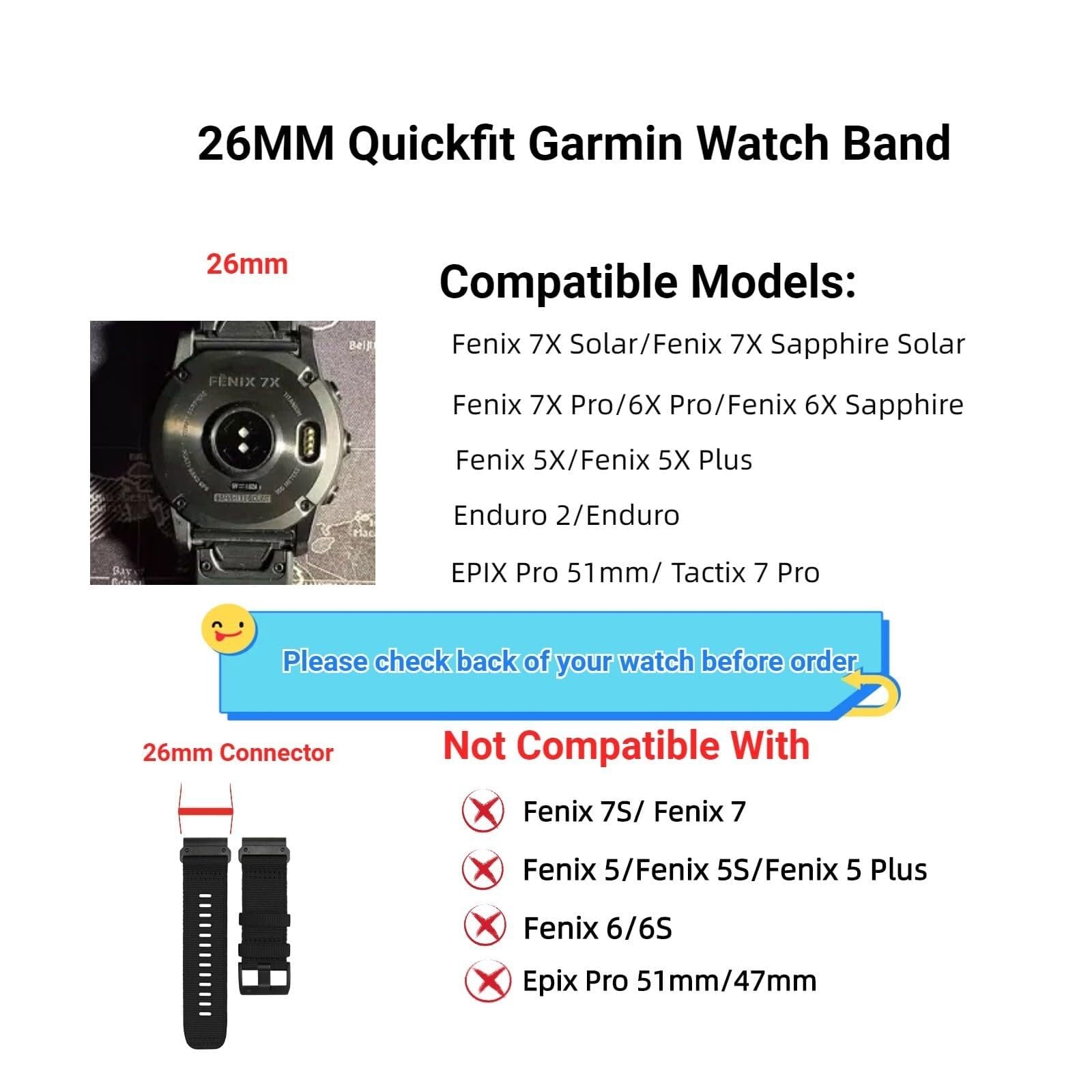 Quickfit 26 mm pasek do zegarka kompatybilny z Garmin Fenix ​​7X/​​6X/​​5X / Enduro 2, wytrzymały nylonowy pasek sportowy do Garmin Fenix ​​7X Pro Sapphire Solar / 6X Pro/5X Plus / Tactix 7