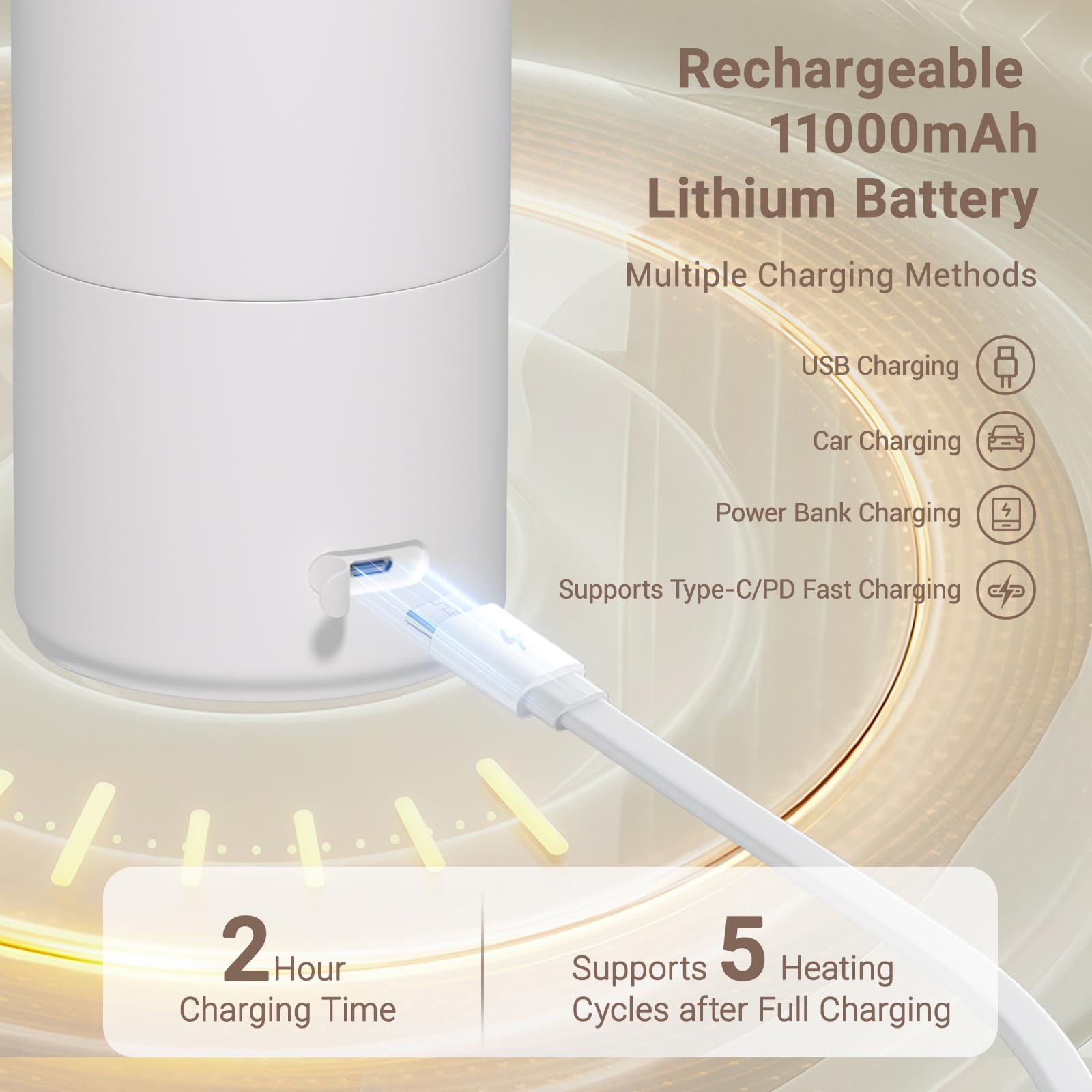 Scaldabevande portatile 500ml, sterilizzazione, batteria 11000mAh, riscaldamento 3min, display LED, mantenimento 24h, senza BPA per auto, campeggio, gite
