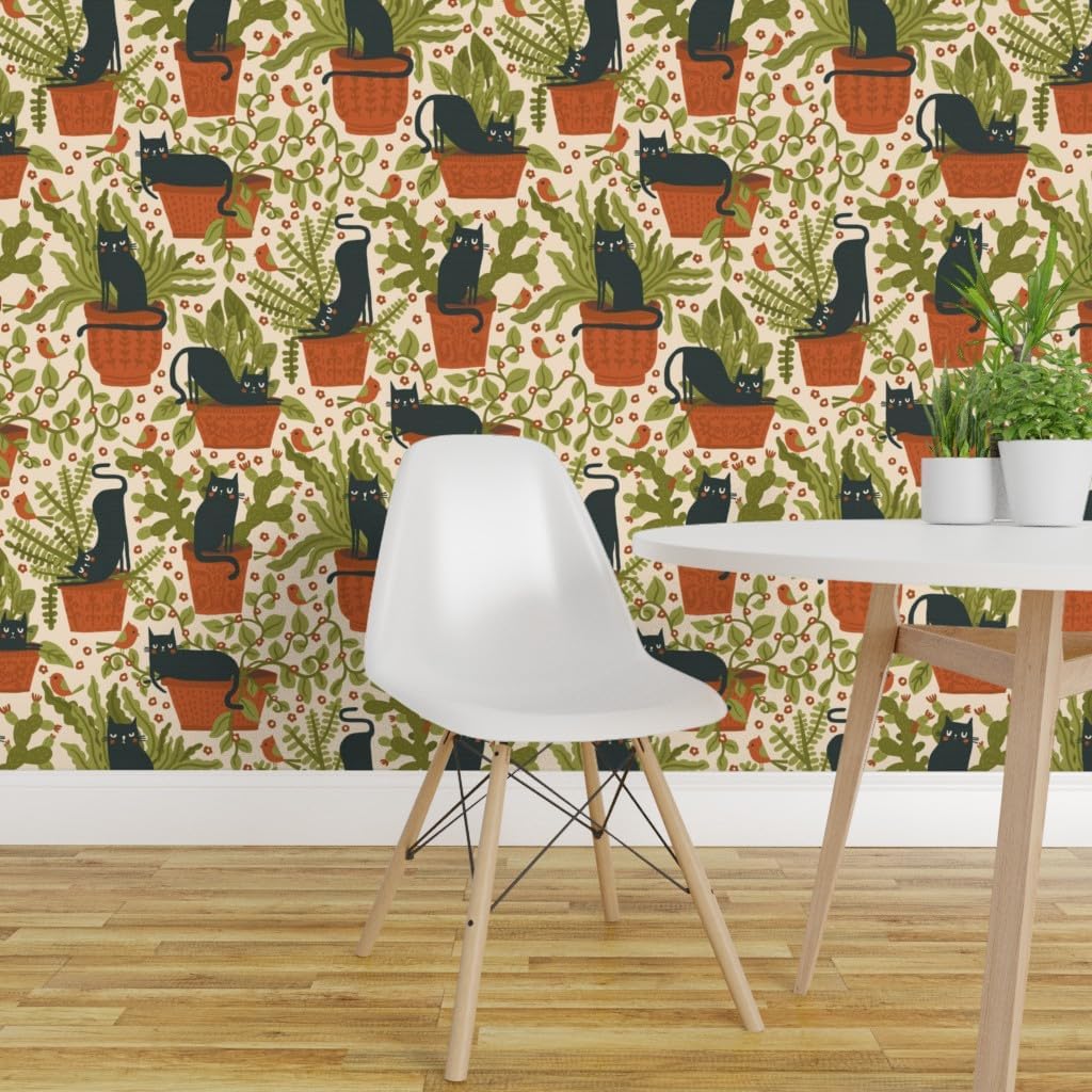Spoonflower Removable Wallpaper 6ft x 2ft - Black Cats Plants Birds Terracotta Green Leaves Botanical Custom Pre-Pasted Wallpaper
