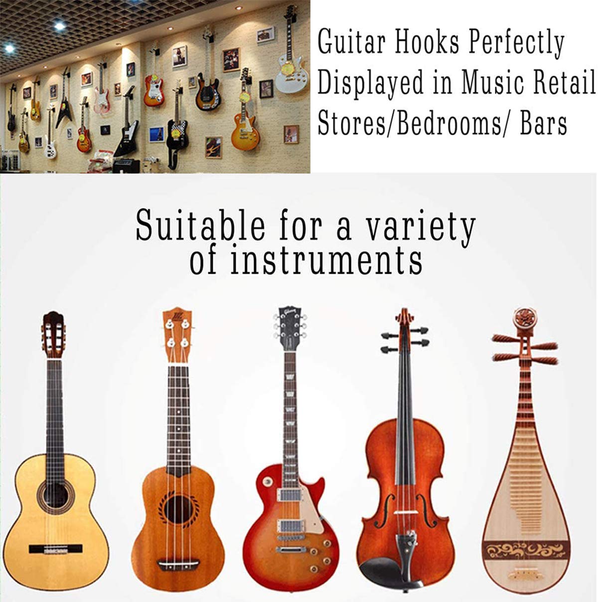 Ganci Parete Per Chitarra 2 Pezzi - Con Blocco Automatico E Base Mogano Per Chitarre E Bassi