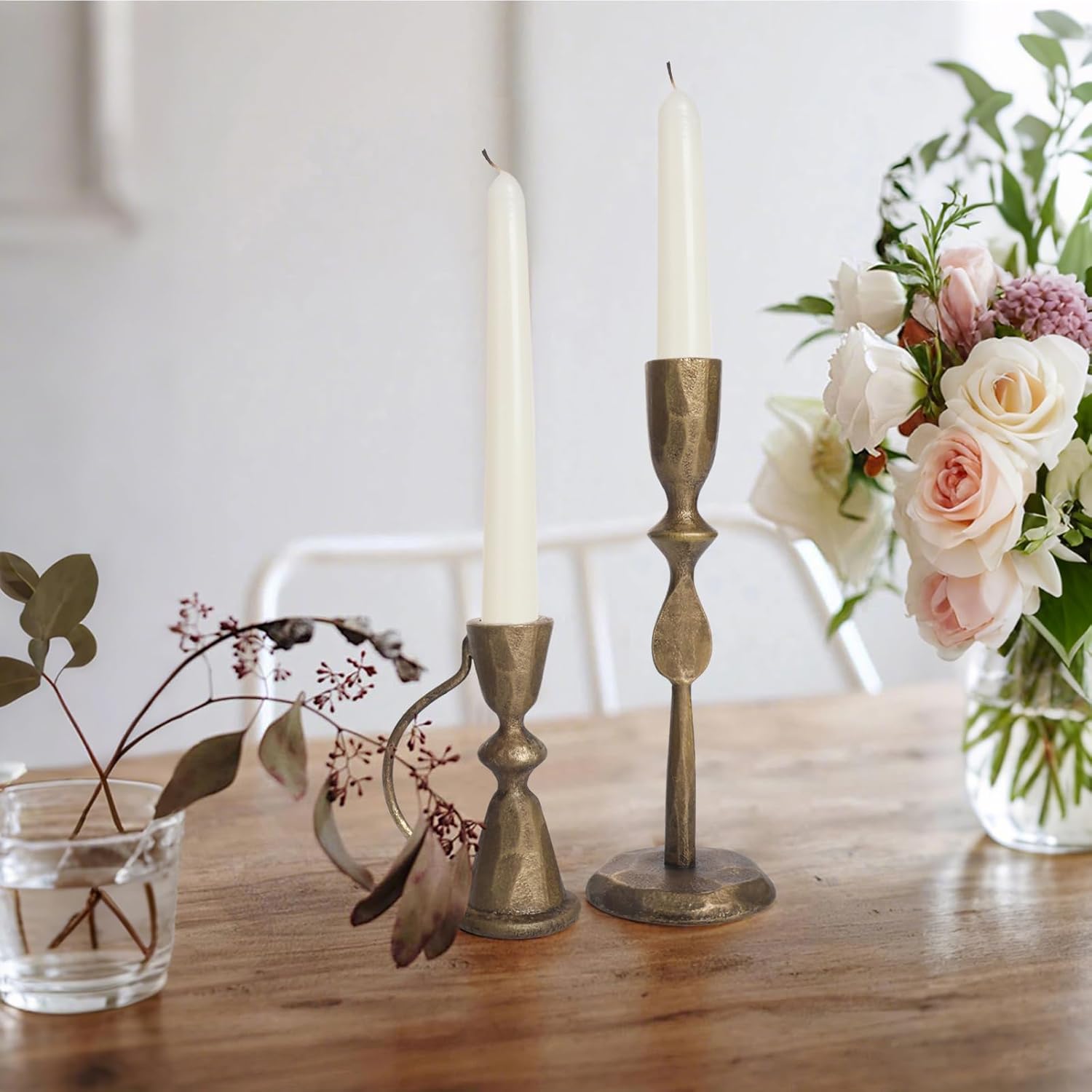 Antique Brass Cast Iron Candle Holders Set of 2 – Vintage Decorative Taper Candlesticks for Table Centerpieces and Home Decor