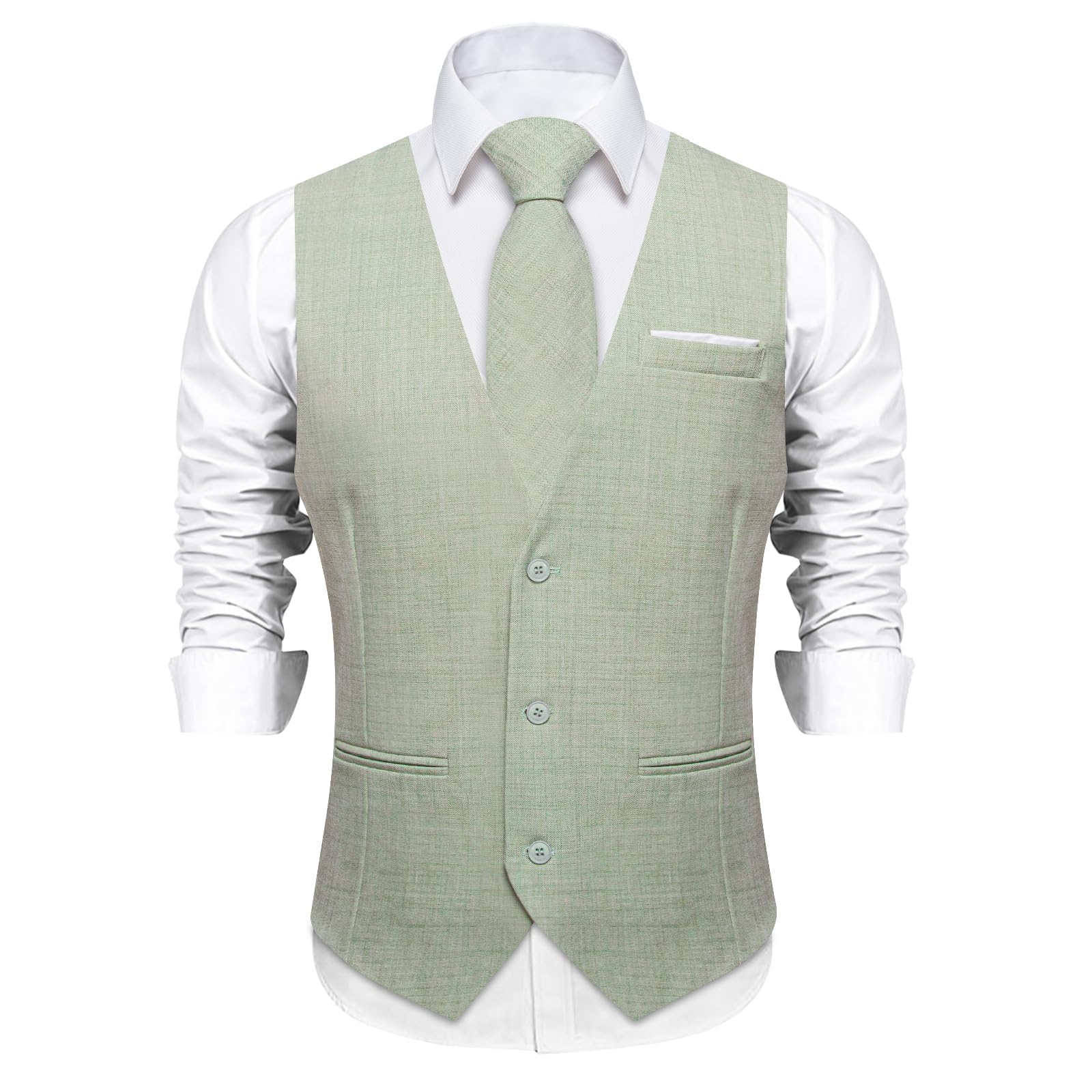 DiBanGu Mens Linen Suit Vest Casual Waistcoat and Necktie & Pre-Tied Bowtie Set 6PCS Solid Color Dress Vest for Wedding Party