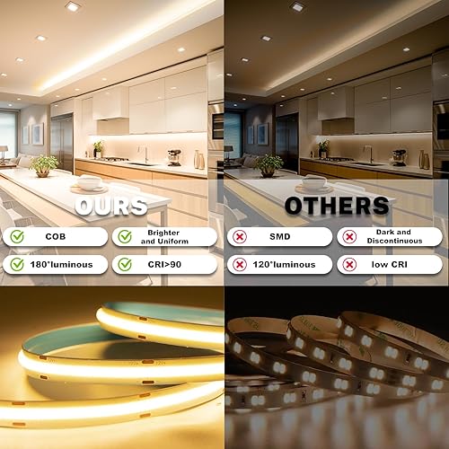 Miniatura 4 de Tira de luz LED COB de 16.4 pies, tiras de luz LED brillantes con control remoto y aplicación, iluminación COB blanca cálida de 3000 K regulable,