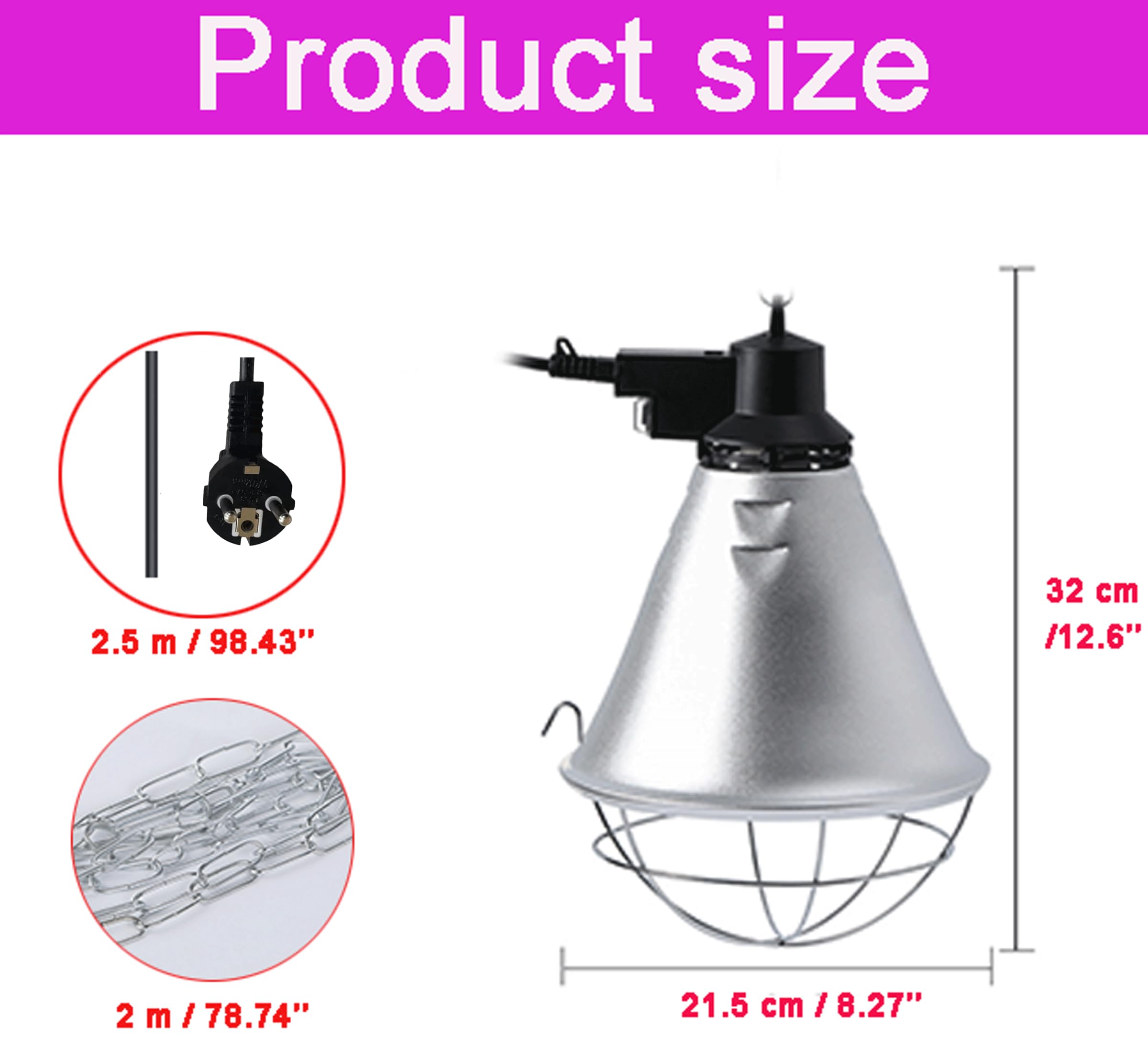 Lampada Riscaldante a Infrarossi 250W per Pollame, con 2,5m Filo Elettrico e 2m Catena Sospensione, 2 Temperature Eco (Alta/Bassa), Ideale per Galline, Anatre, Cuccioli di Cane e Maiale