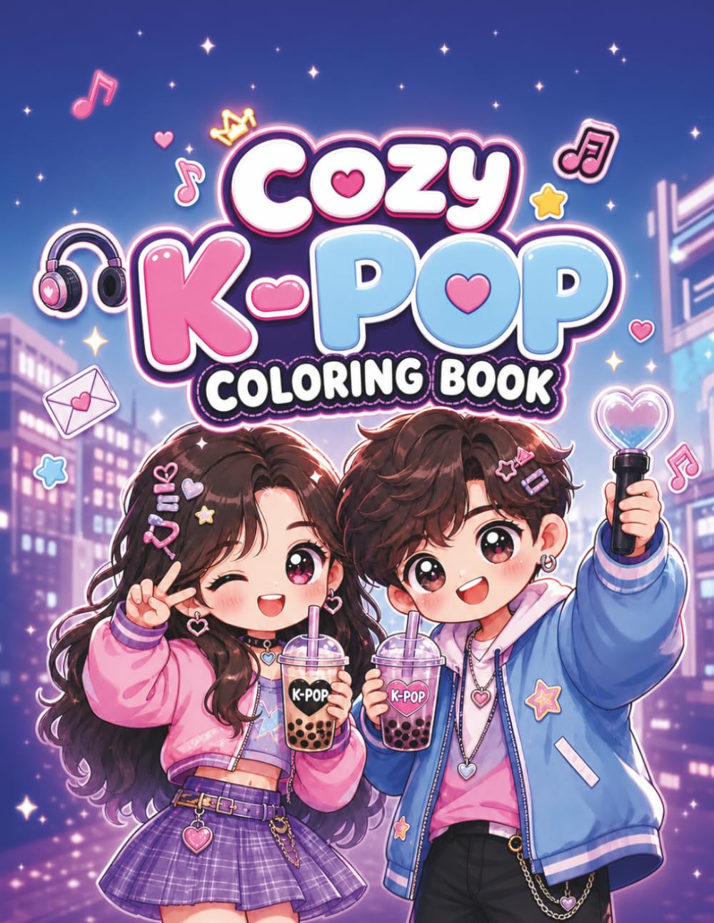 Cozy K-Pop Coloring Book: Cute and Kawaii Bold and Easy Coloring Pages with Chibi Idols, Cozy Fan Life, Bubble Tea, Music Vibes, and Fun K-Pop Fashion
