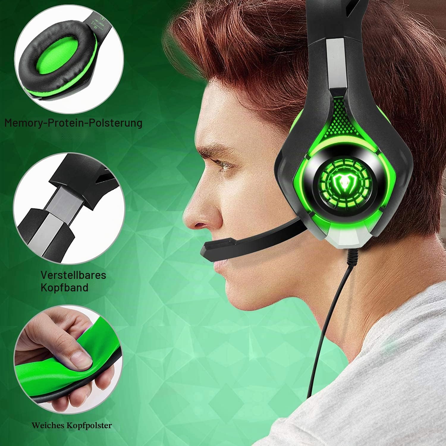 BlueFire Gaming Headset für PS4, Gaming Kopfhörer mit 3,5 mm Klinkenstecker LED und Mikrofon, Bass Stereo Audio Surround Gaming Headset für Xbox One/Xbox One S/PC/Laptop (Grün)