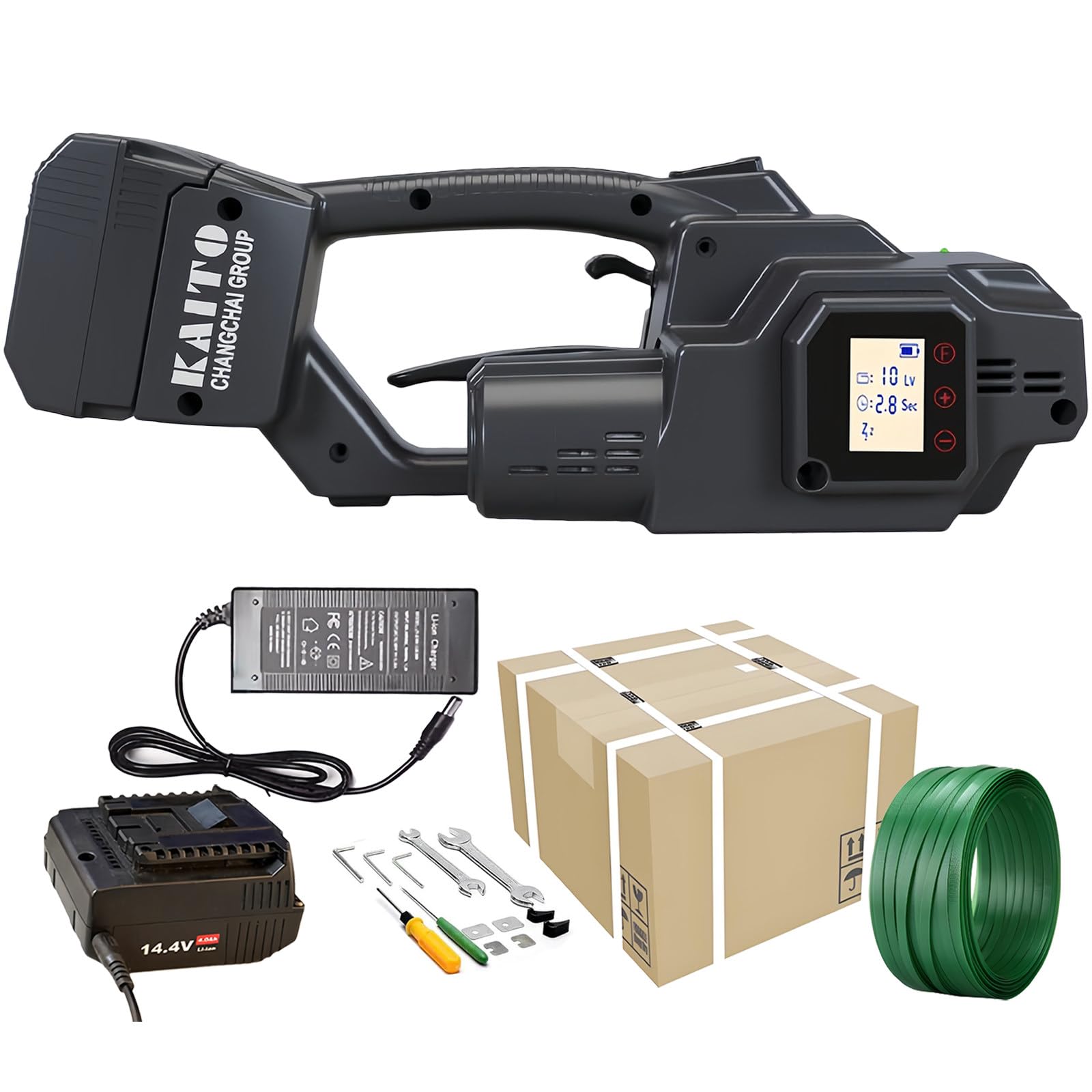YXYLJOZ Portable Electric Strapping Machine with Digital Display, 7-19mm PP/PET Straps, 3800N Tensioner, 4000mAh Battery, Automatic Tool for Packaging, Ideal for Boxes & Pallets (1 Battery)