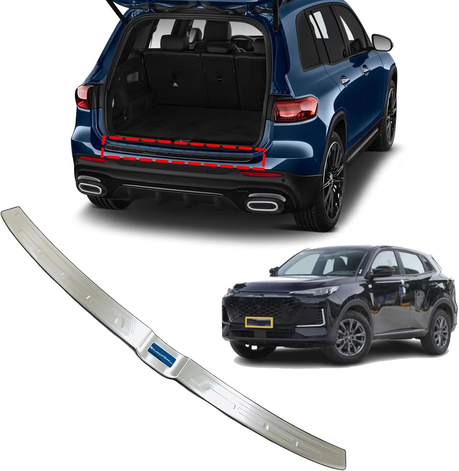 Car Stainless Steel Rear Bumper Protector, for Changan CS55 Plus Accessories, Auto Parts Tailgate Back Trunk Door Sill Cover Scuff Plate Strip Guard Protection(Outside) (Black+Blue)