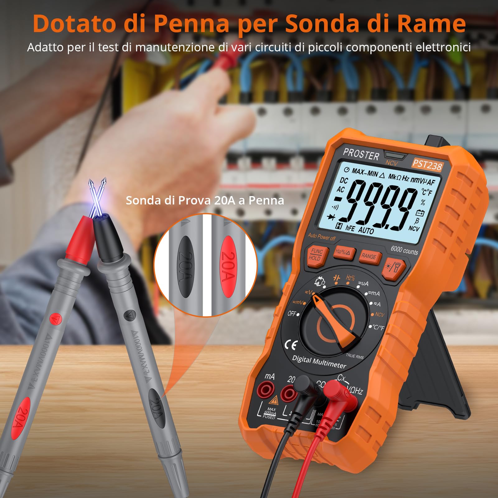 Proster Multimetro Digitale 6000 Conteggi 20A 1000V TRMS Auto Range Rilevatore NCV Misuratore di Tensione Corrente DC AC Temperatura Capacità Resistenza Diodo Tester di Continuità con una Borsa