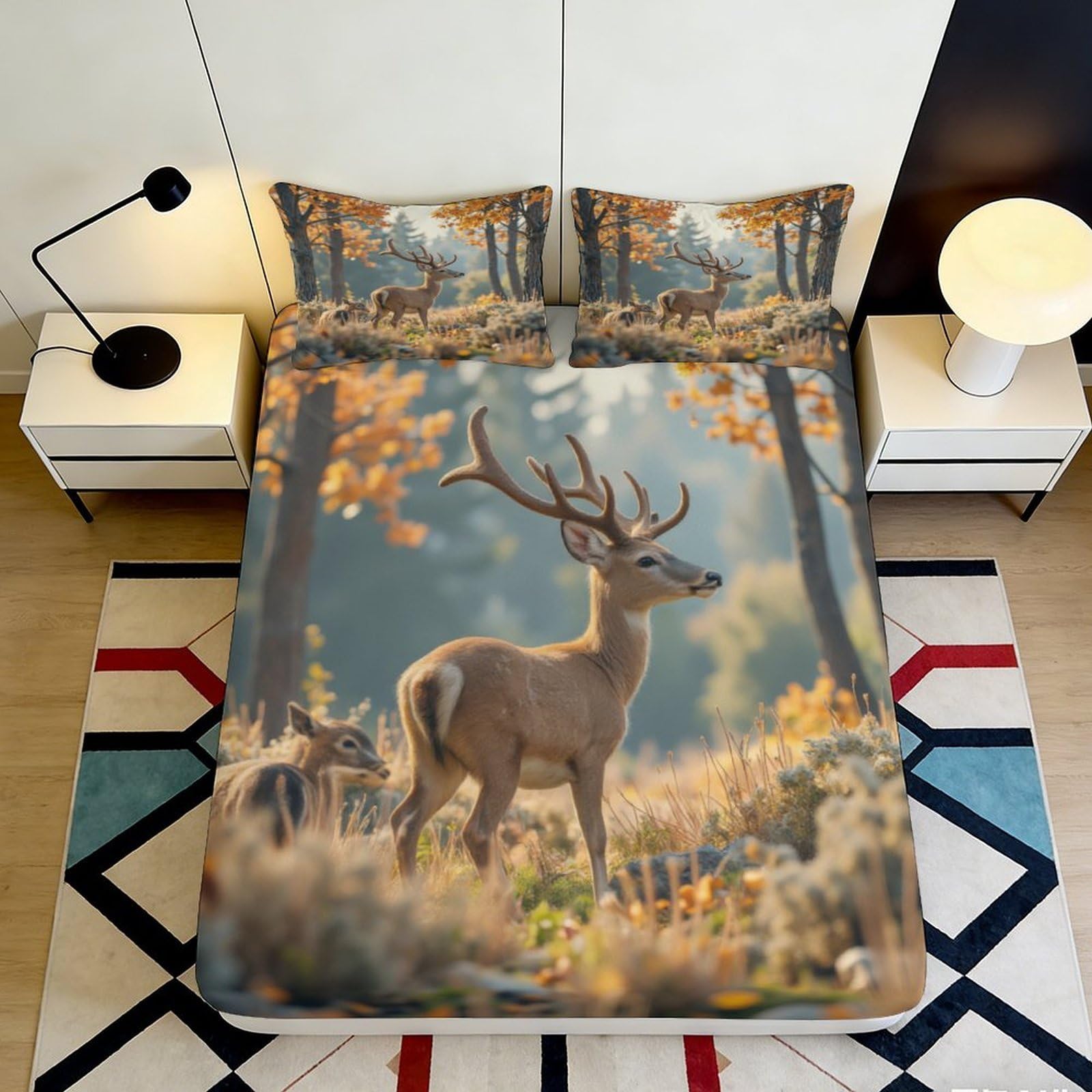 3D Printed Autumn Forest Deer Fitted Sheet Microfiber Soft Breathable Woodland Scene Bed Cover for Bedroom Dormitory Guest Room Mattress Protection 120x200x25cm