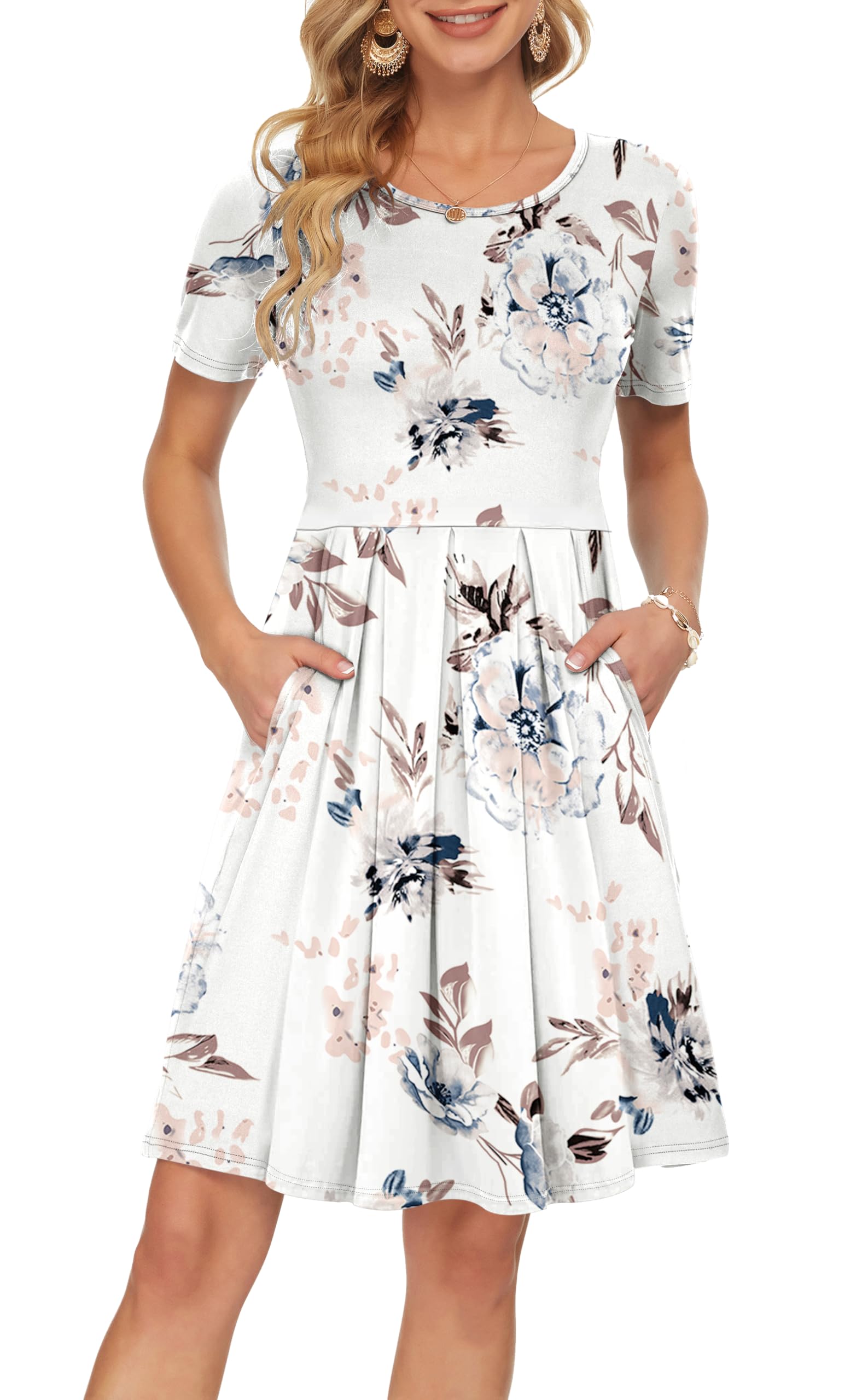 Auselily Women's White Flowers Summer Dress Casual Floral Bodycon Short Sleeve Pleated Loose Swing Casual Dress With Pockets Knee 2XL