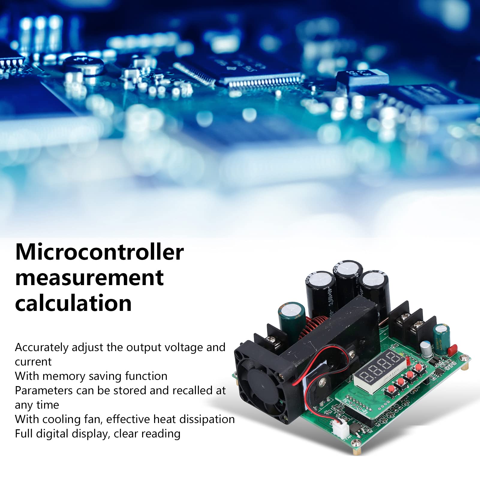 Moduł wzmacniający Wyświetlacz cyfrowy Konwerter regulatora napięcia Regulowany zasilacz z wentylatorem chłodzącym do projektów DIY dla elektroniki 110 x 96 x 46 mm