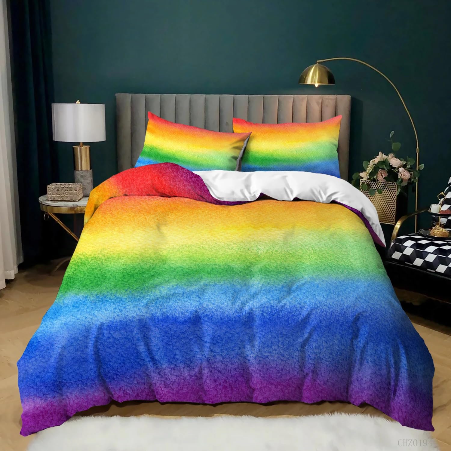 Parure de lit 260x240 drap tie-dye jaune vert violet housse couette pastel ado