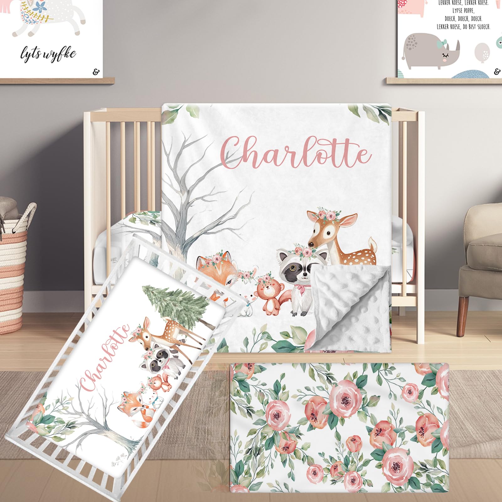 Terwex Custom Name Crib Bedding Set, 3 Pcs Personalized Baby Crib Bedding Set, Soft Pink Forest Animals Nursery Crib Sets for Boys Girls, Double Layer Toddler Bedding Set Customized Gifts for Newborn