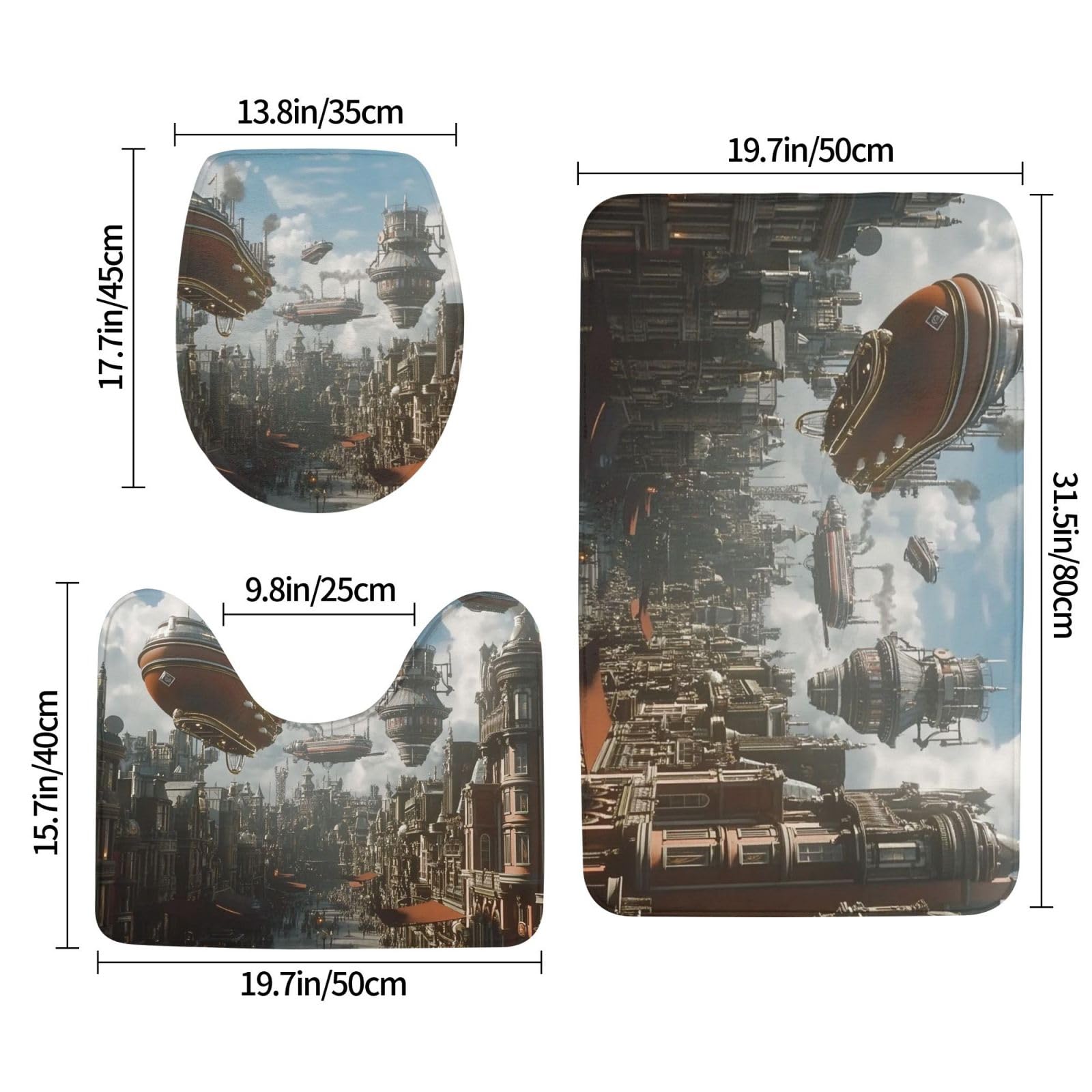 Steampunk Fantasy Ship - Juego de alfombras de baño de 3 piezas, tapetes de baño de espuma viscoelástica suave y absorbente y alfombra de inodoro en forma de U, decoración del hogar, secado rápido