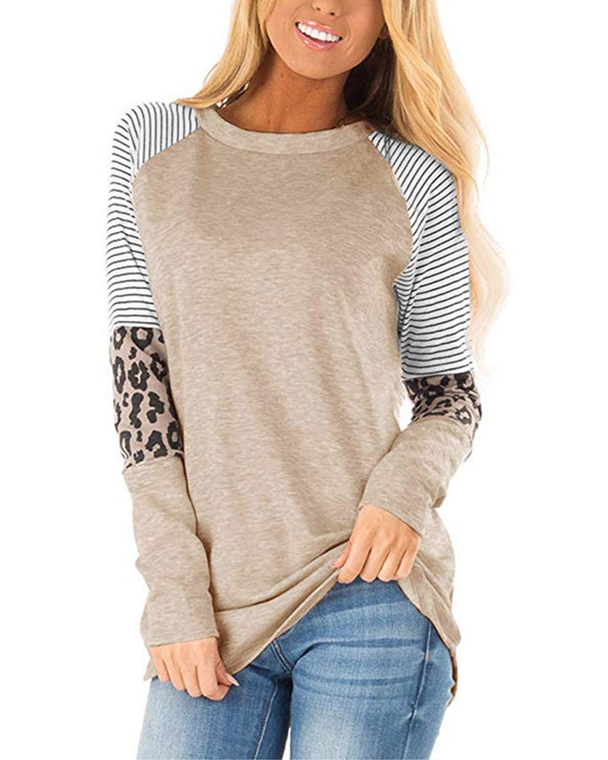 Women Long Sleeve Tops Ladies Leopard T Shirt Loose Blouse Shirts Baseball Tees