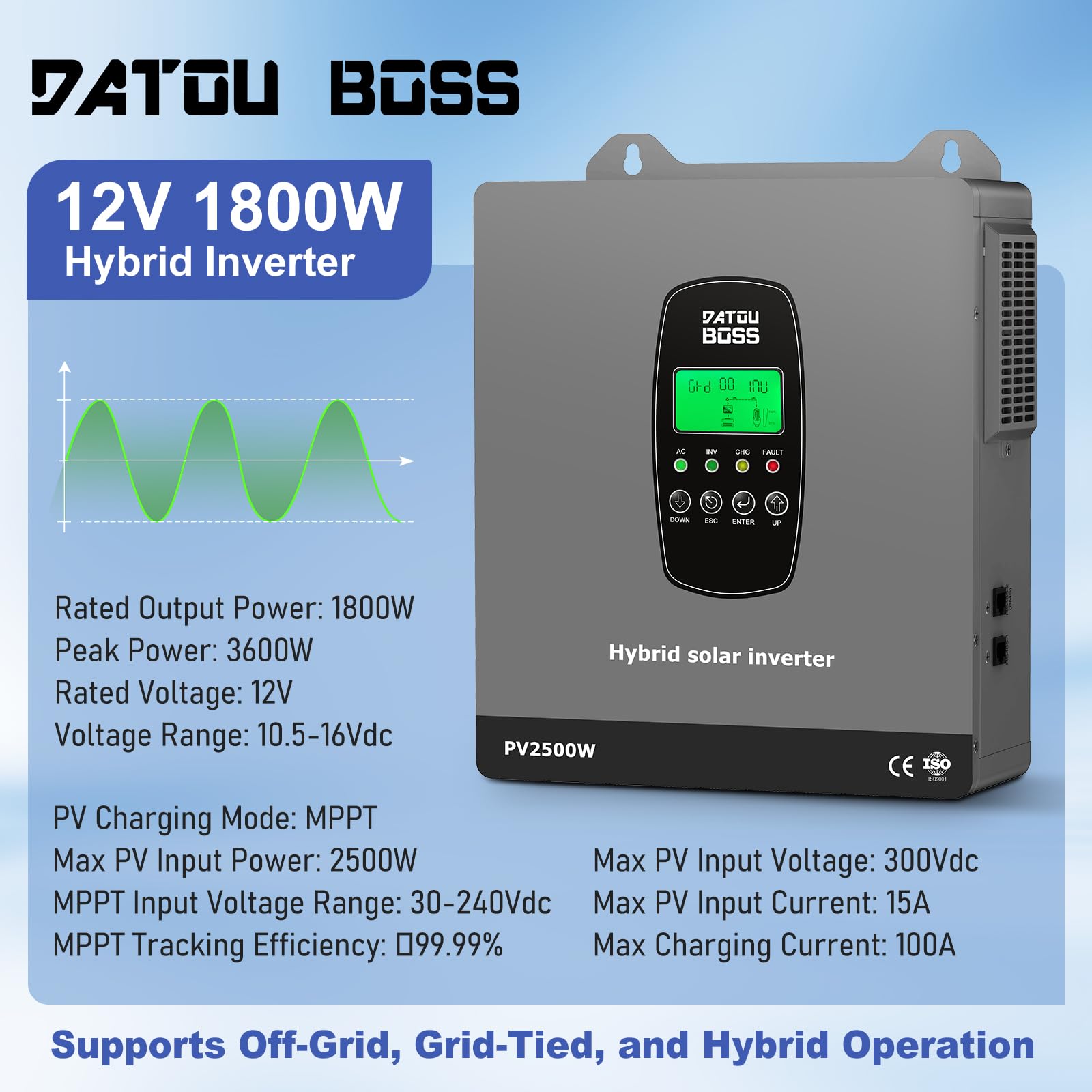 DATOUBOSS 1800W Inverter Ibrido Solare 12V, Onda Pura, potenza di ingresso fotovoltaica da 2500W,Supporta il Funzionamento Senza Batteria,100A MPPT,per Sistemi Off/On-Grid