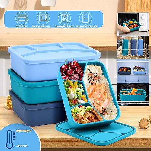 Miniatura 3 de FoldTier 3 cajas Bento de silicona multicolor, 4 compartimentos, contenedor de almuerzo reutilizable de silicona para niños y niñas adultos (color
