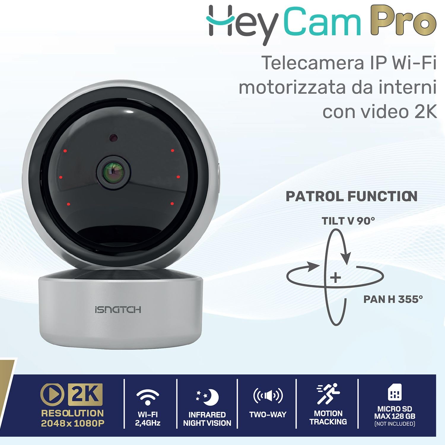 HeyCam Pro telecamera wi-fi interno motorizzata 2k 3mp, smart ip camera con motion tracking, visione notturna infrarossi, audio bidirezionale, compatibile con Alexa, Google Home e Onvif
