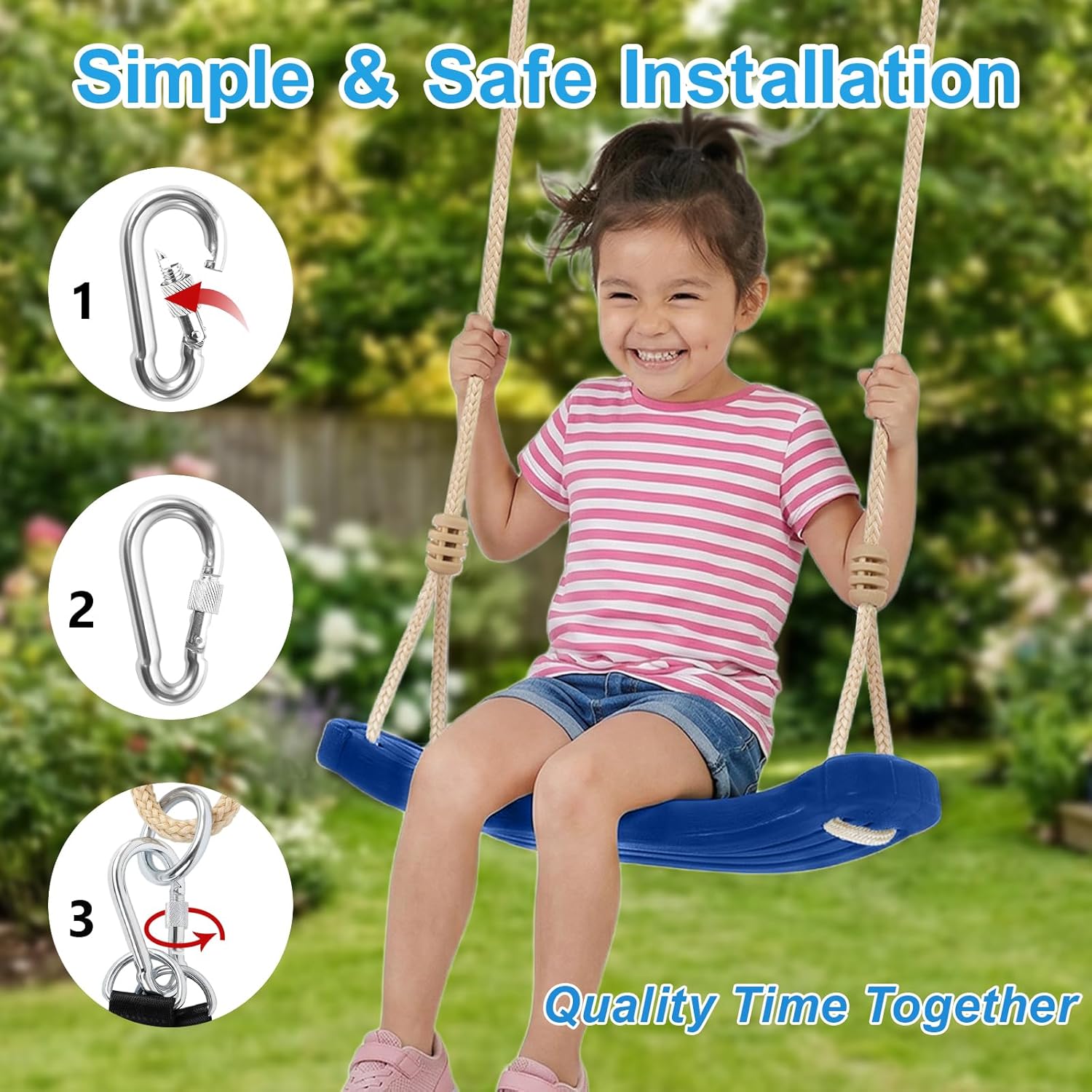 Kids Tree Swing Seat with Tree Straps and Carabiners, Heavy Duty Ergonomic Straight Swing Set for Backyard, Indoor & Outdoor Rope Swing, 264 lbs，Blue