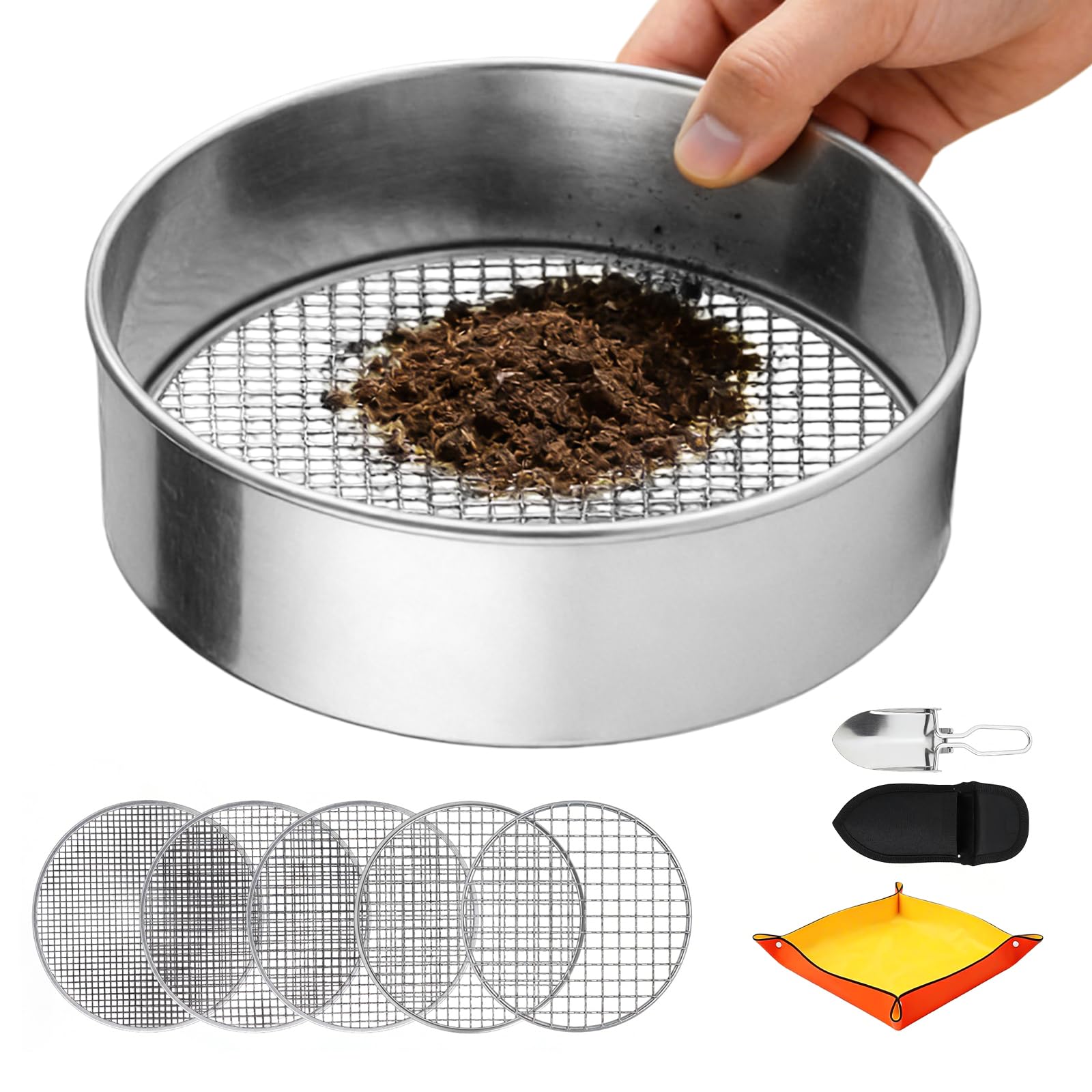 Colino da giardino rotondo 5 in 1 in acciaio inox, colino per compost multiuso, rotondo, per giardinaggio, 5 inserti intercambiabili (1/3/6/9/12 mm), con paletta in acciaio inox e tappetino giallo